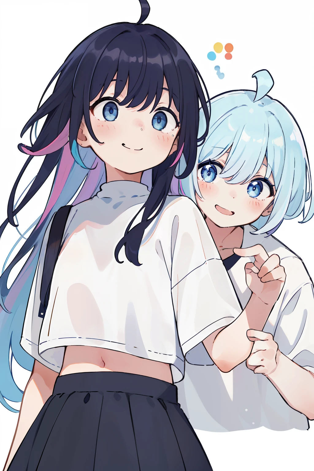 (​masterpiece、top-quality:1.1), Girl seen from the edge of the shadow、Boy smiling cheerfully, Empty clothes, drooing eyes、Beautiful eyes of iridescent colors,punch , The two are good friends、Surprised, Rainbow Hair Color, bangss, Ahoge,croptop, Everyday background