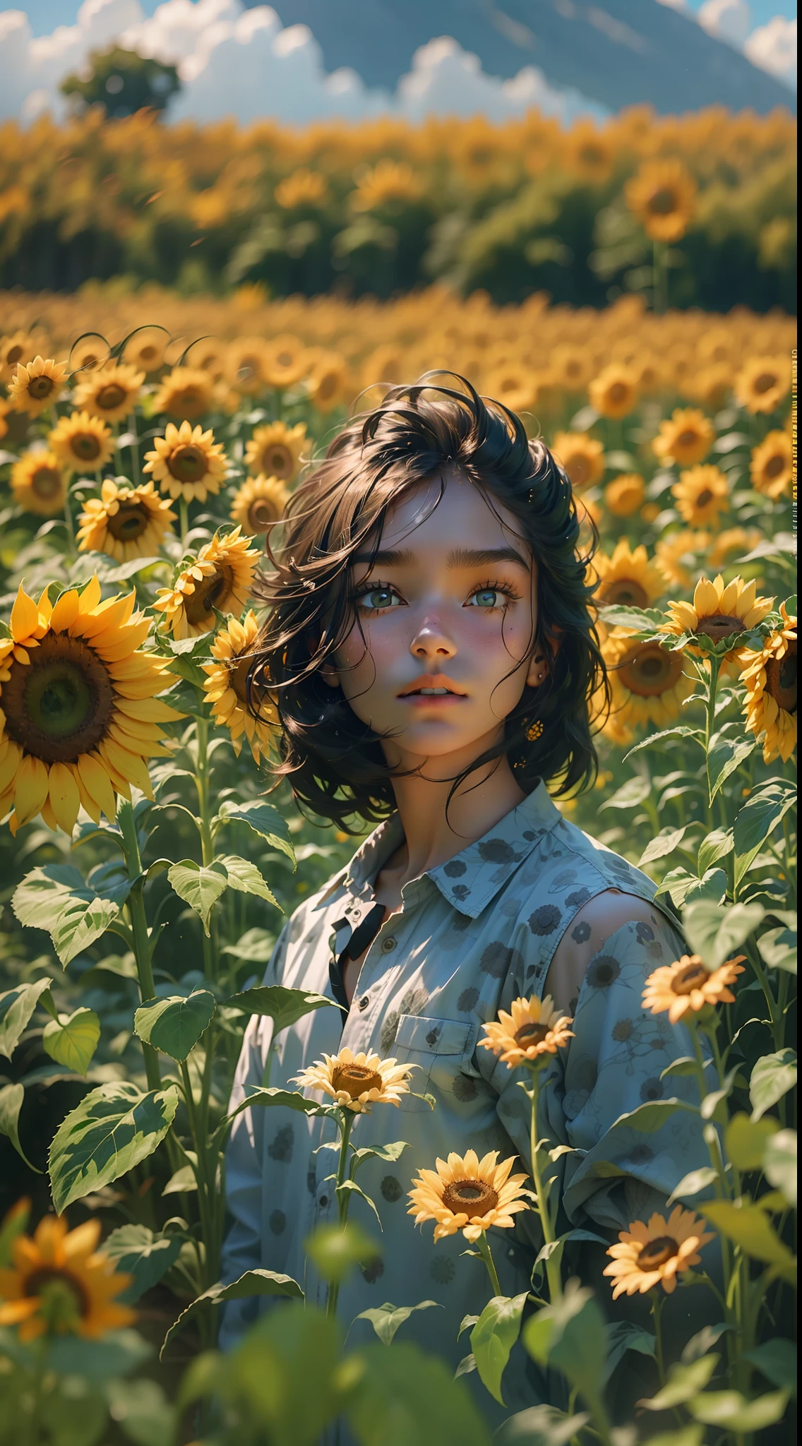 a girl, adolescente, com olhos amarelos, cabelos brancos, pele clara, corte nos ombros, vestindo um sobretudo amarelo, camisa preta sem estampa toda camisa preta, black pants without print, Shoulder straps all black, in the background a beautiful field of sunflowers , blue skies, um gato preto, estilo de capa de quadrinhos