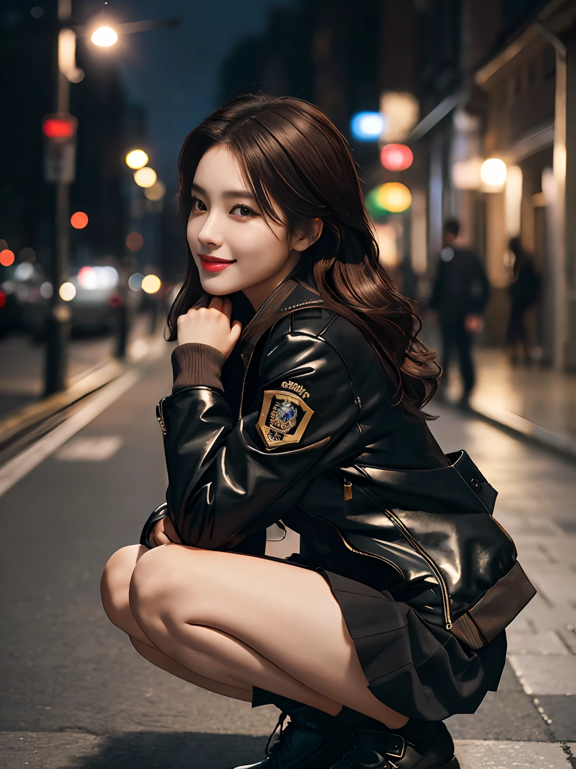 ((Best Quality, 8K, Masterpiece: 1.3)), Full Body, Focus Clear: 1.2, Outstanding Style: 1.4, Slender Abs: 1.2, ((Brown Hair, Big tits: 1.2)), (Neon, Street: 1.1), Highly Detailed Face and Skin Texture, Detailed Eyes, Double Eyelids, 1girl, single, best quality, large-breasts, masterpiece, black hair, smile, seductive smile, gal, cleavage of breast, black army jacket, black jacket, corset, pencil short skirt, short skirt, bokeh, RAW photo, shot on EOS 5D Mark IV, 35mm lens, f1.8, sharp focus, ultra sharp image, stylish model pose, cinematic light, looking the viewer, character focus, staring the viewer, seductive, attractive, elegant, classy, a simple night street background, squatting, from side,