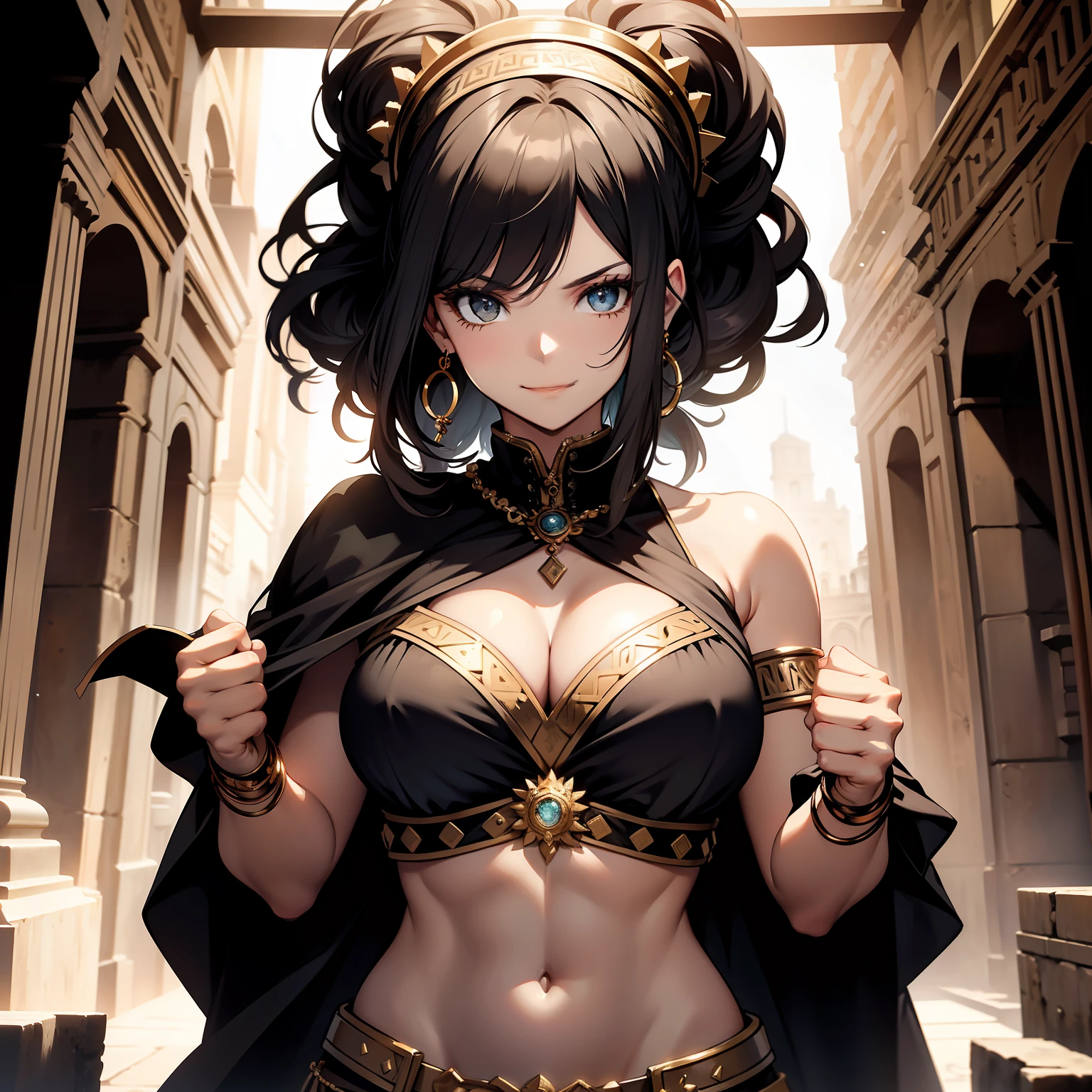 greek female in non undeclothes and roman jewelry, midriff, charming pose, looking at viewer with bewitching gentle smile, confident, fierce, amazing features, perfect young athletic and fit feminine body, dramatic contrast, Rembrandt lighting,