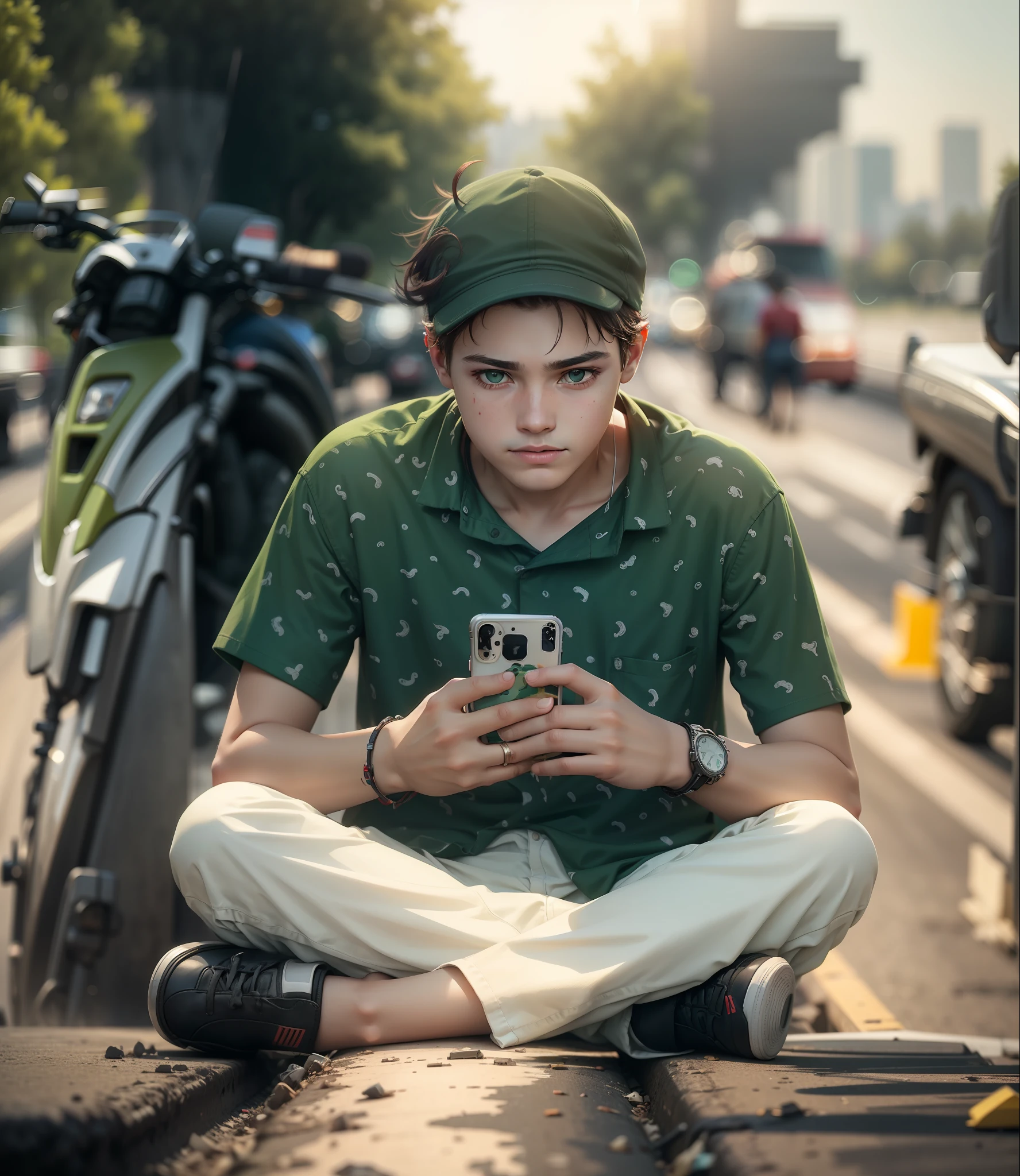 i am a boy on the road sitting on the highway background bokeh effect is blurred green yellow tone cap on my head my shirt is red paint is black i have iphone in hand beautiful highway ultra high quality picture