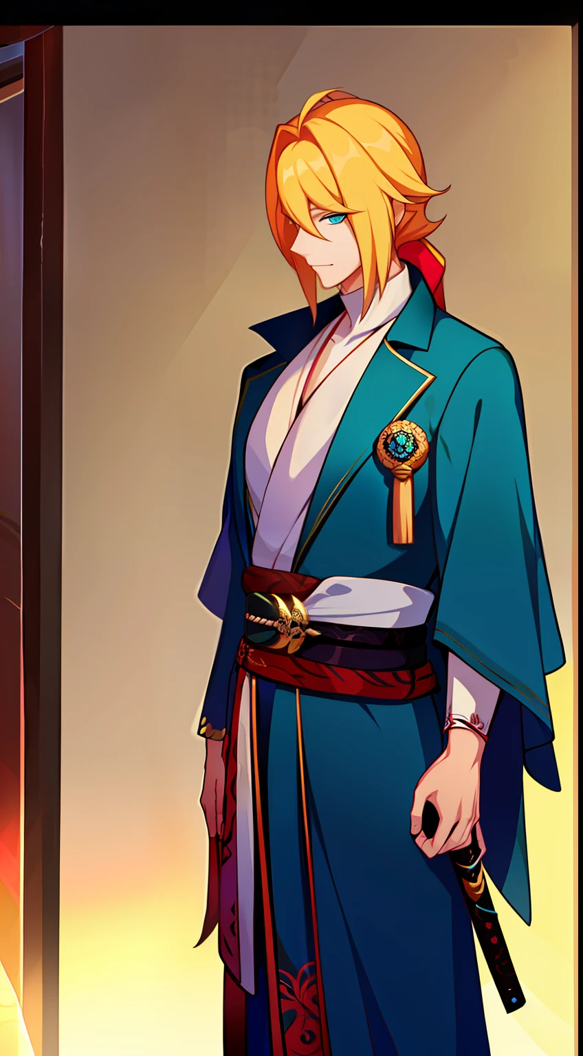 Tall guy, longue blonde hair, Cyan eyes, samurai clothing, katana, smirk, Masterpiece, hiquality