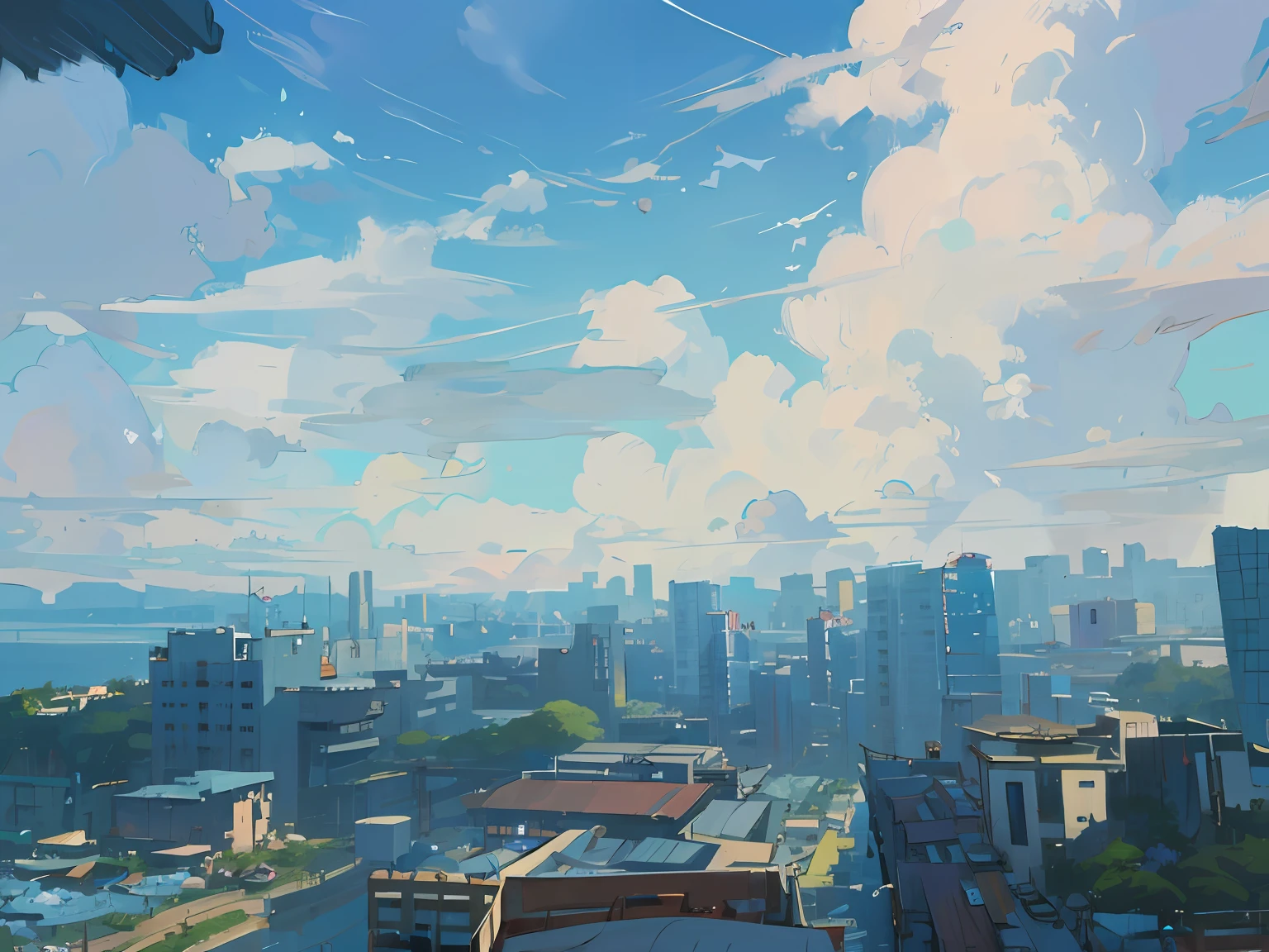 城市,blue-sky,baiyun,in style of hayao miyazaki,In Studio Ghibli style,8K,最好质量