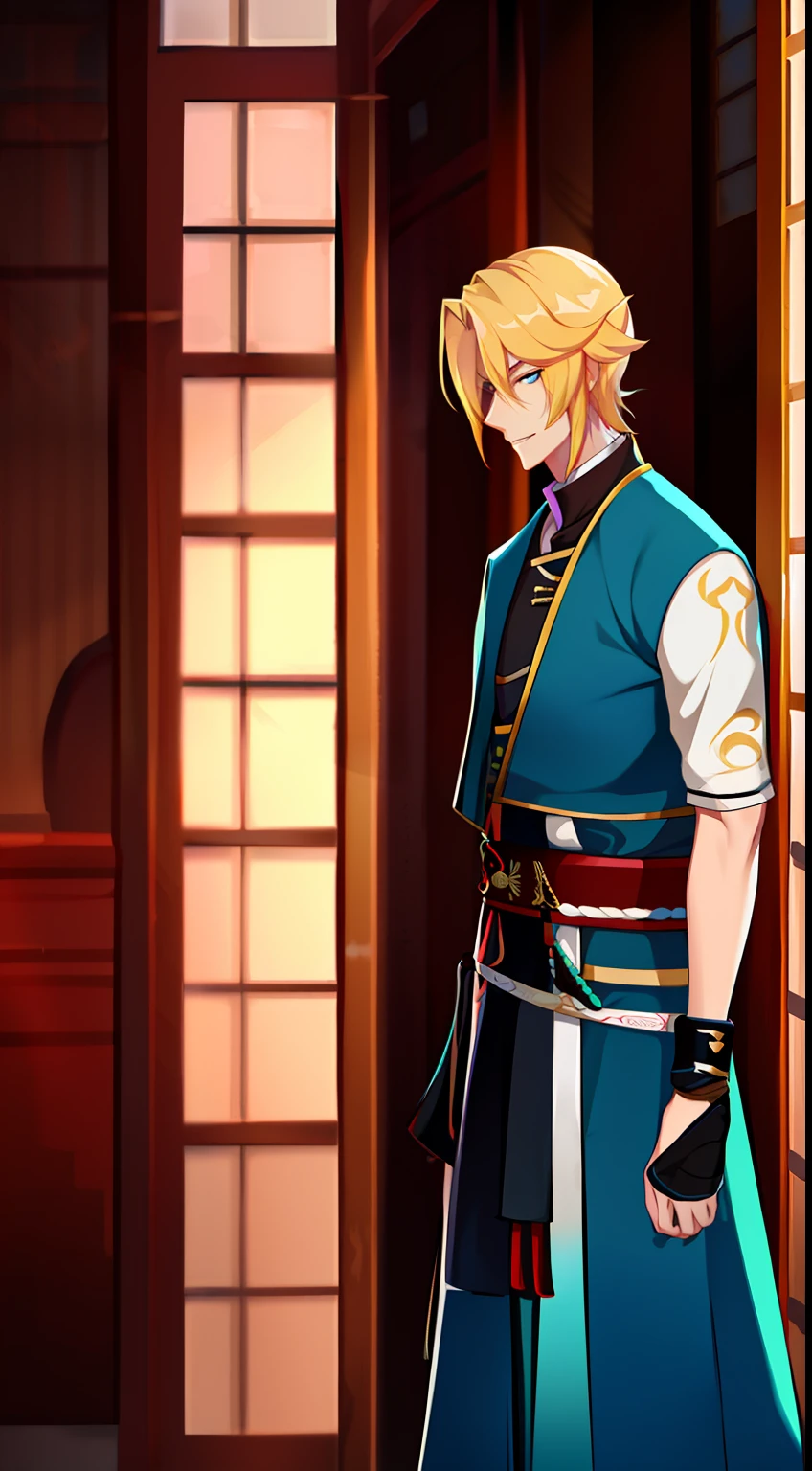 Tall guy, longue blonde hair, Cyan eyes, samurai clothing, katana, smirk, Masterpiece, hiquality