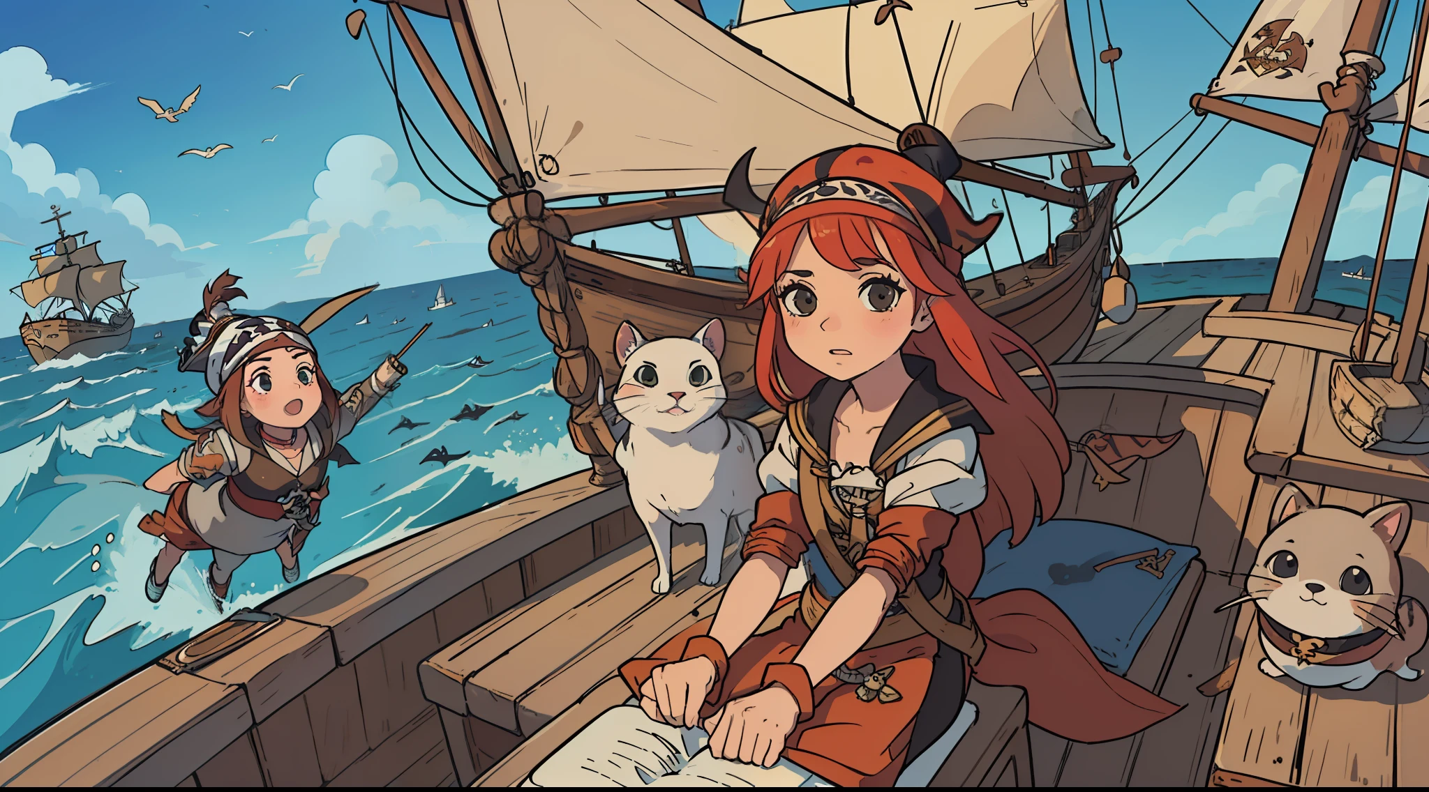 ((Gata branca (animal) vestida de pirata)+(navio no alto mar))|(amigo esquilo)+(amiga rata)