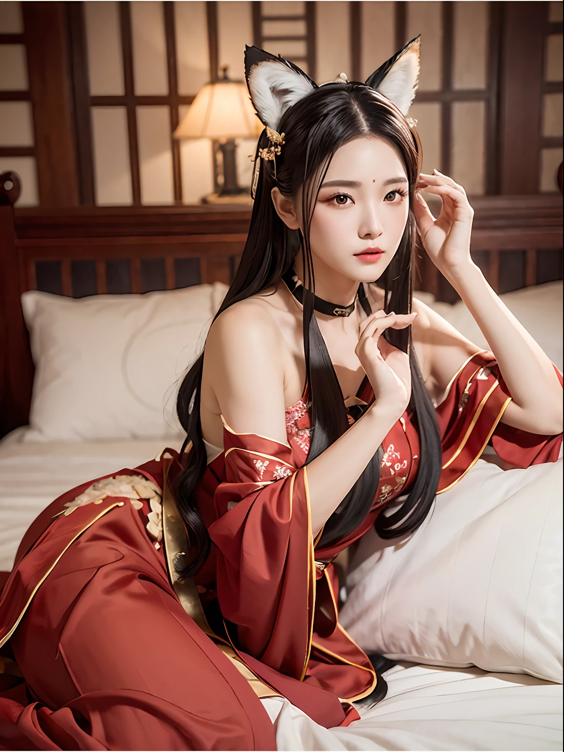 cabelos preto e longos，Charming woman with fox ears，Hanfu，Wide red robe，China-style，The eyes are breathtaking，Zhu's lips opened slightly，The face is delicate and beautiful，（Lie on your side on the bed：1.4），clean backdrop，Macro lens，Enhanced depth of field，Works of masters，best qualtiy，8K分辨率，super-fine，Accurate