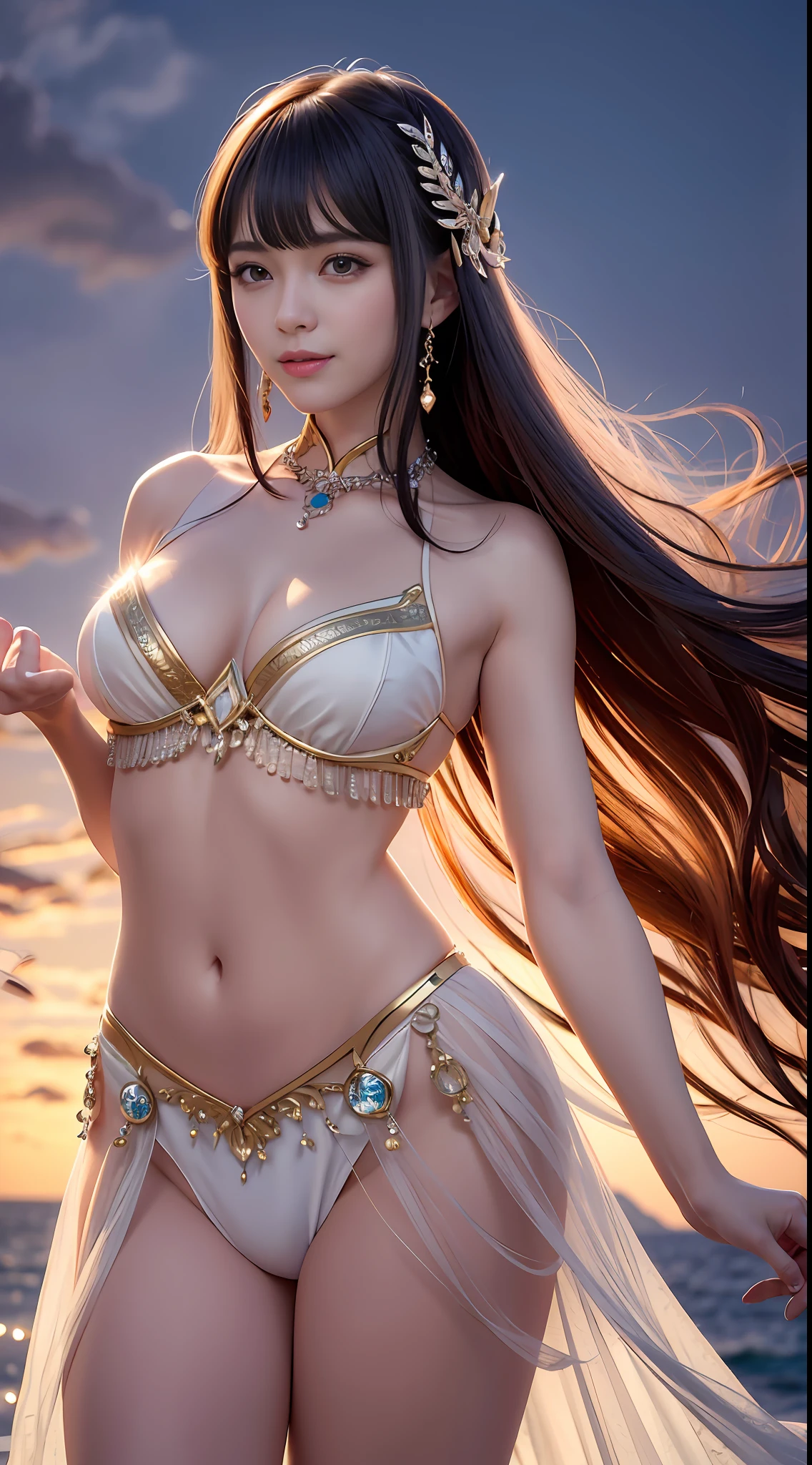 close up on face, femele, Stand up,Multiple poses, long whitr hair, ellegance, opulent, ellegance, adolable,ssmile,cheerfulness,the ocean,the setting sun, Eau, dances,Sense of brokenness, ruri, Buble, Hairline, slanted bangs, shairband, hair adornments,glitters, cinmatic lighting, hyper HD, A high resolution, best qualtiy, 8K, high detal, high qulity, super detailing, anatomy correct, tmasterpiece, ccurate,dream magical