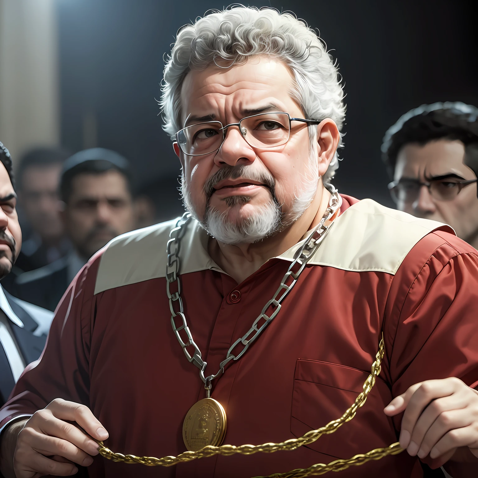 Atual presidente do Brasil (Luiz Inácio Lula da Silva)preso numa jaula, with chains in his hands, choro pelos olhos, Triste e com a faixa presidencial em destaque.