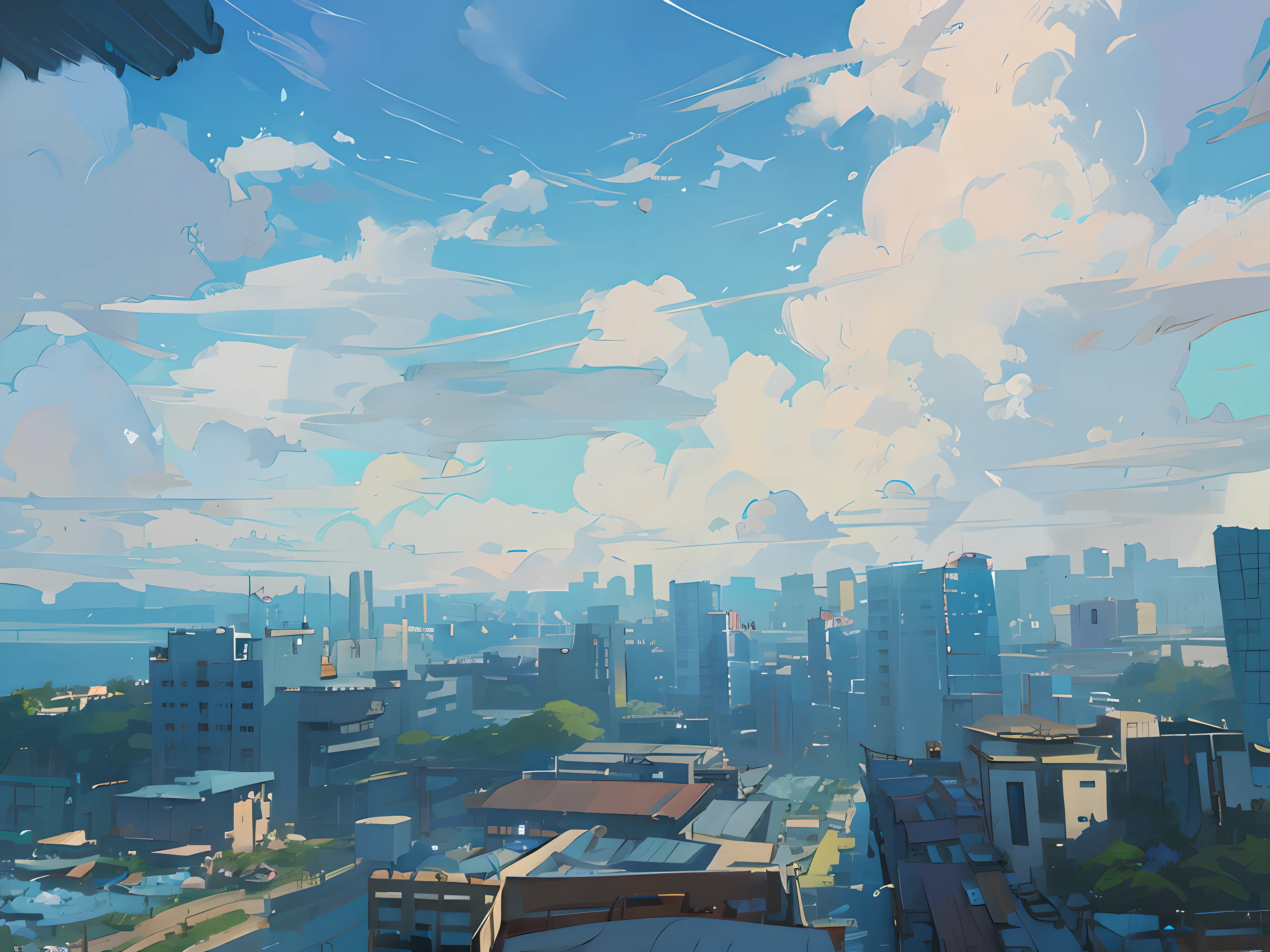 城市，blue-sky，baiyun，in style of hayao miyazaki，In Studio Ghibli style，8K，最好质量