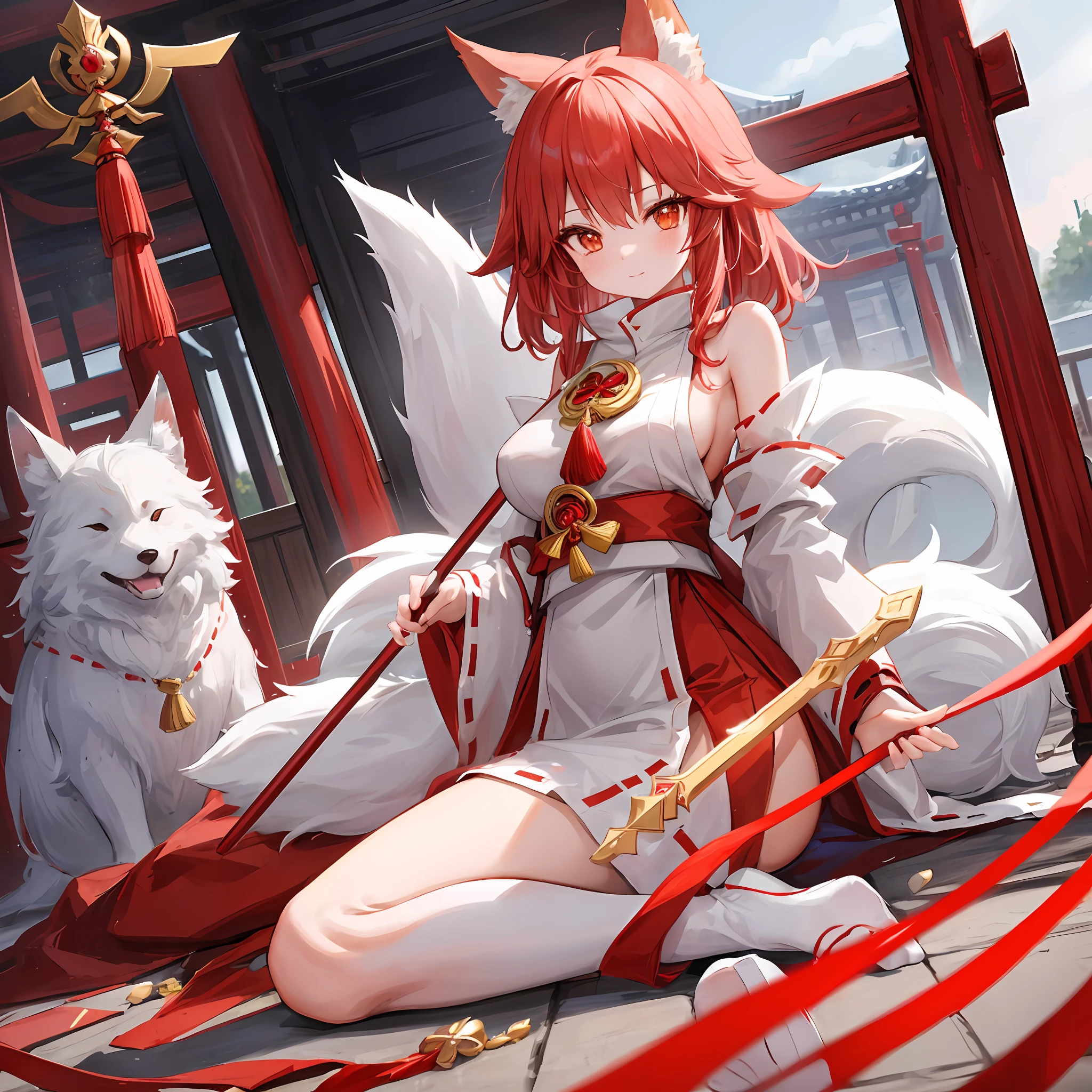 1girl, she has furry red and white fox tears with pointy tip and a very fluffy red tail, she wears a miko outfit in red and white with golden details, she holds a staff made out of pure gold, in a temple in front of a tera