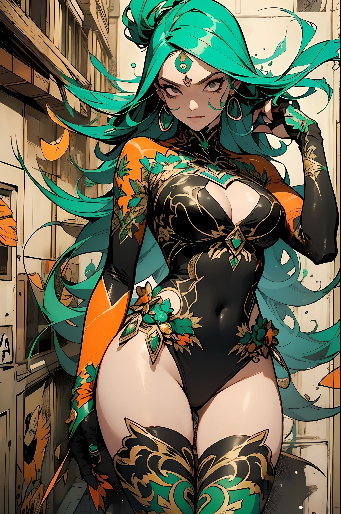 verde: 1.5, laranja: 1.1, Branco: 1.3, amarelo: 1.3, (garota), tatuagens de caveiras, armadura do terror, esqueleto da roupa, splash de cores no fundo, garments