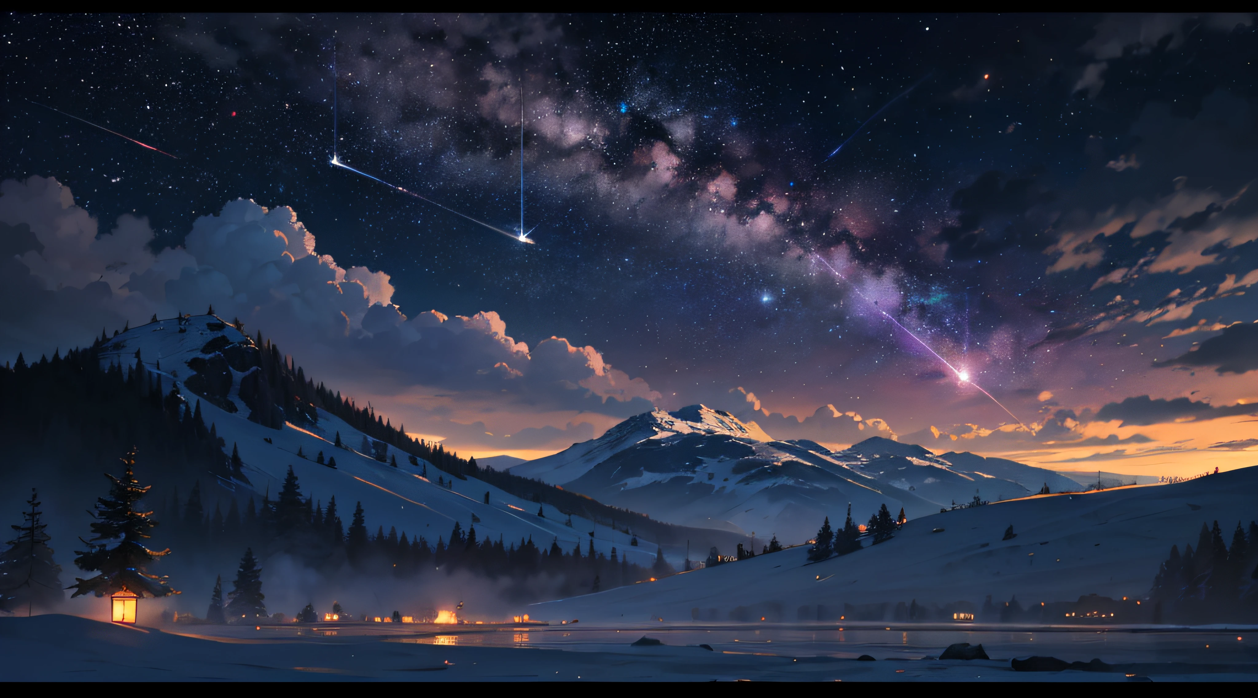 Expansive landscape photograph,(moon full:1.2),(meteors:0.9),(Starcloud:1.3),Far Mountain, Tree BREAK making art,(Warm light source:1.2),(glowworm:1.2),lamp lights,Lots of purple and orange,Complicated details,Volumetriclighting,Realism BREAK(tmasterpiece:1.2),(best qualtiy),4K,Ultra-detailed,(dynamic compositions:1.4),The is very detailed,Colorful details,(Irridescent color:1.2),(luminouslighting,Atmospheric lighting),dream magical,magical,(独奏:1.2),((best qualtiy)), ((tmasterpiece)), (the detail:1.4),depth of fields,maximum definition and sharpness,perfectly proportions,Fluttering clouds,Wallpapers