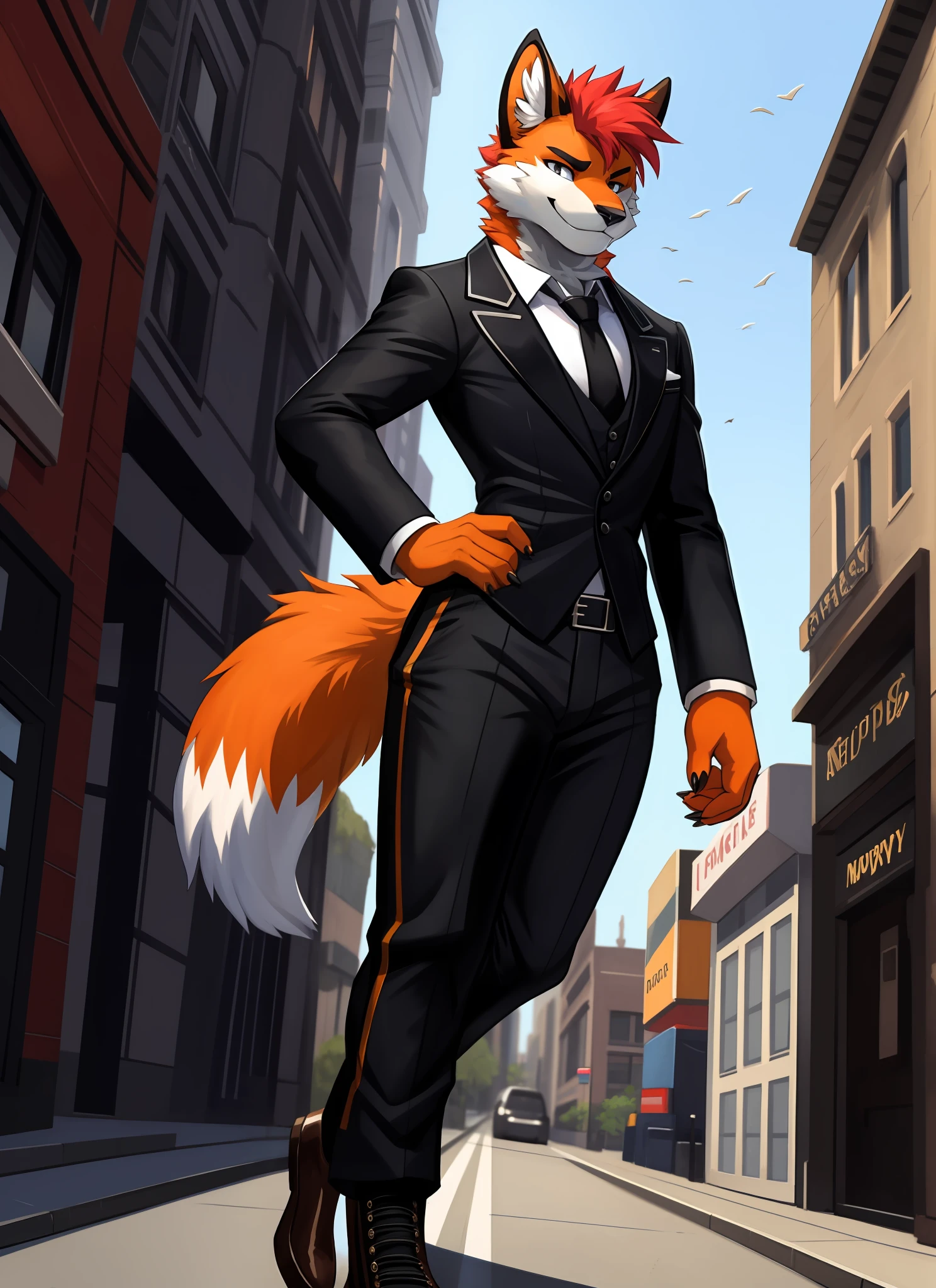 (furry art, uploaded on e621:1.4), 1boy, (solo_focus), (female) (furry:1.5) anthro, (upper body:1.3), on street, solo focus, detailed face, detailed eyes, detailed fluffy fur, fluffy tail, short hair, digitigrade, seductive pose, suit, fancy pants, digital painting, natural lighting, photorealistic (business suit:1.1), (smug face), smiling (cocky), steampunk