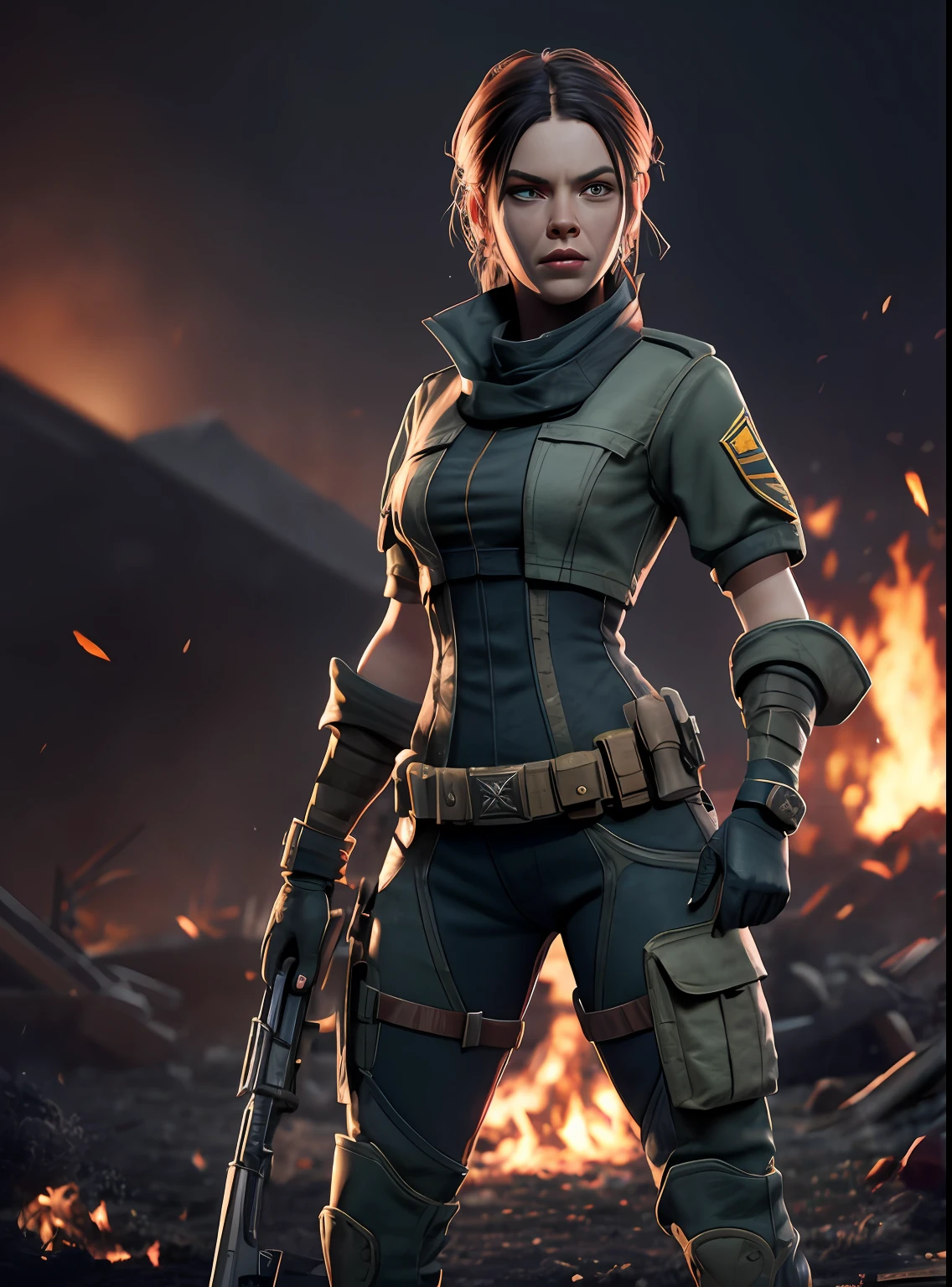 A woman soldier, has the sin of envy, hatred towards others, she's standing to the side looking over her shoulder in disgust, anger, blood, dirt, fire, smoke, log cabin in the background, zombies(8k, RAW photo, best quality, masterpiece:1.2), ultra detailed, official art, photo-realistic:1.37, film grain, octane render, high quality render,