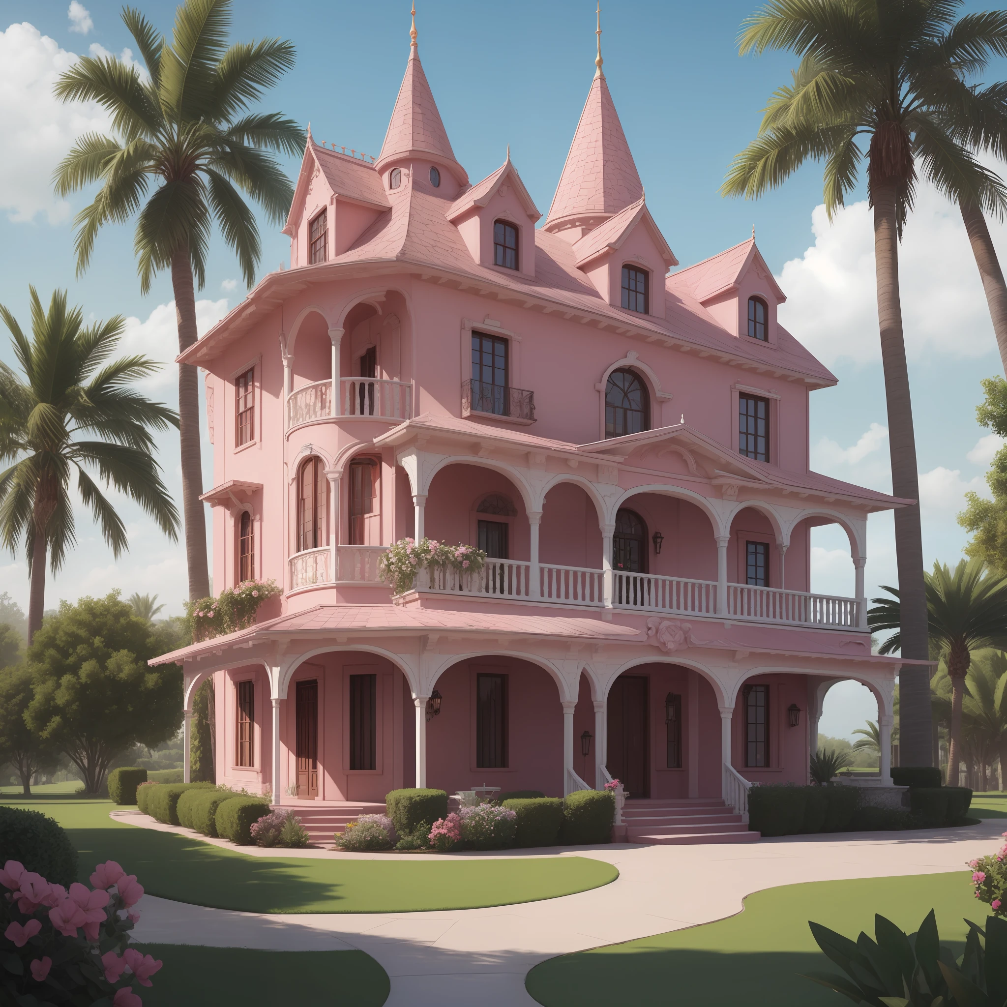 pink castle, 8k, ultra realistic, hig definition, palm trees, mansion, doll house style, corvette 1956 pink,