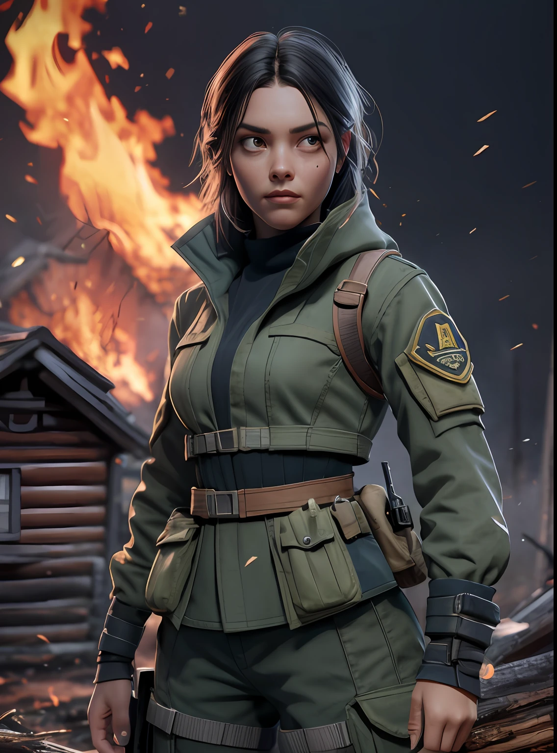 A woman soldier, has the sin of envy, hatred towards others, she's standing to the side looking over her shoulder in disgust, anger, blood, dirt, fire, smoke, log cabin in the background, zombies(8k, RAW photo, best quality, masterpiece:1.2), ultra detailed, official art, photo-realistic:1.37, film grain, octane render, high quality render,