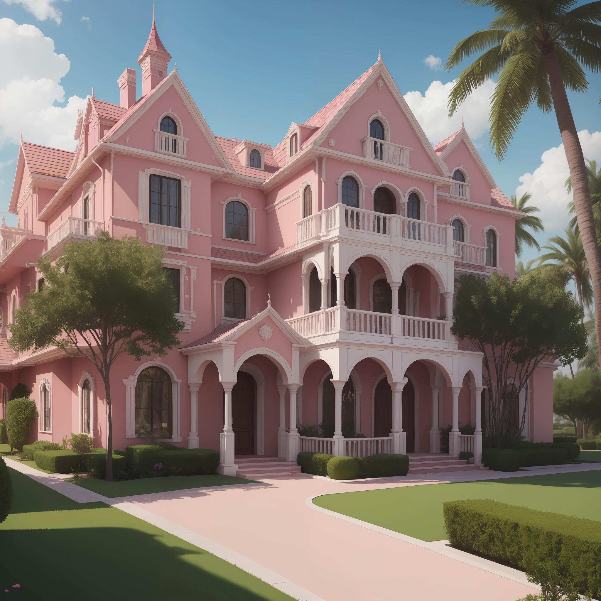 pink castle, 8k, ultra realistic, hig definition, palm trees, mansion, doll house style, corvette 1956 pink,