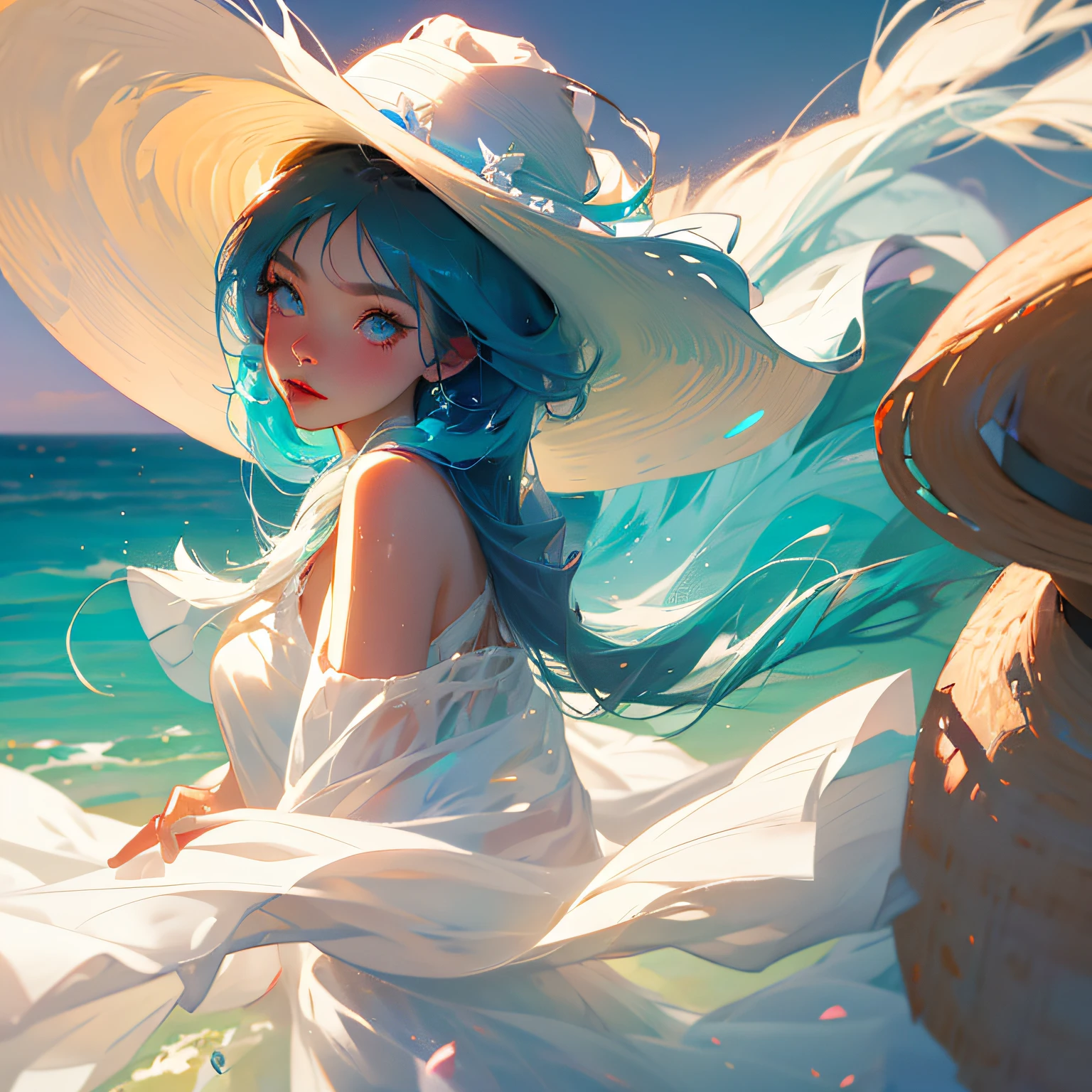 Beautiful long-haired woman in white dress、Enjoying the sea while wearing a straw hat。 --auto
