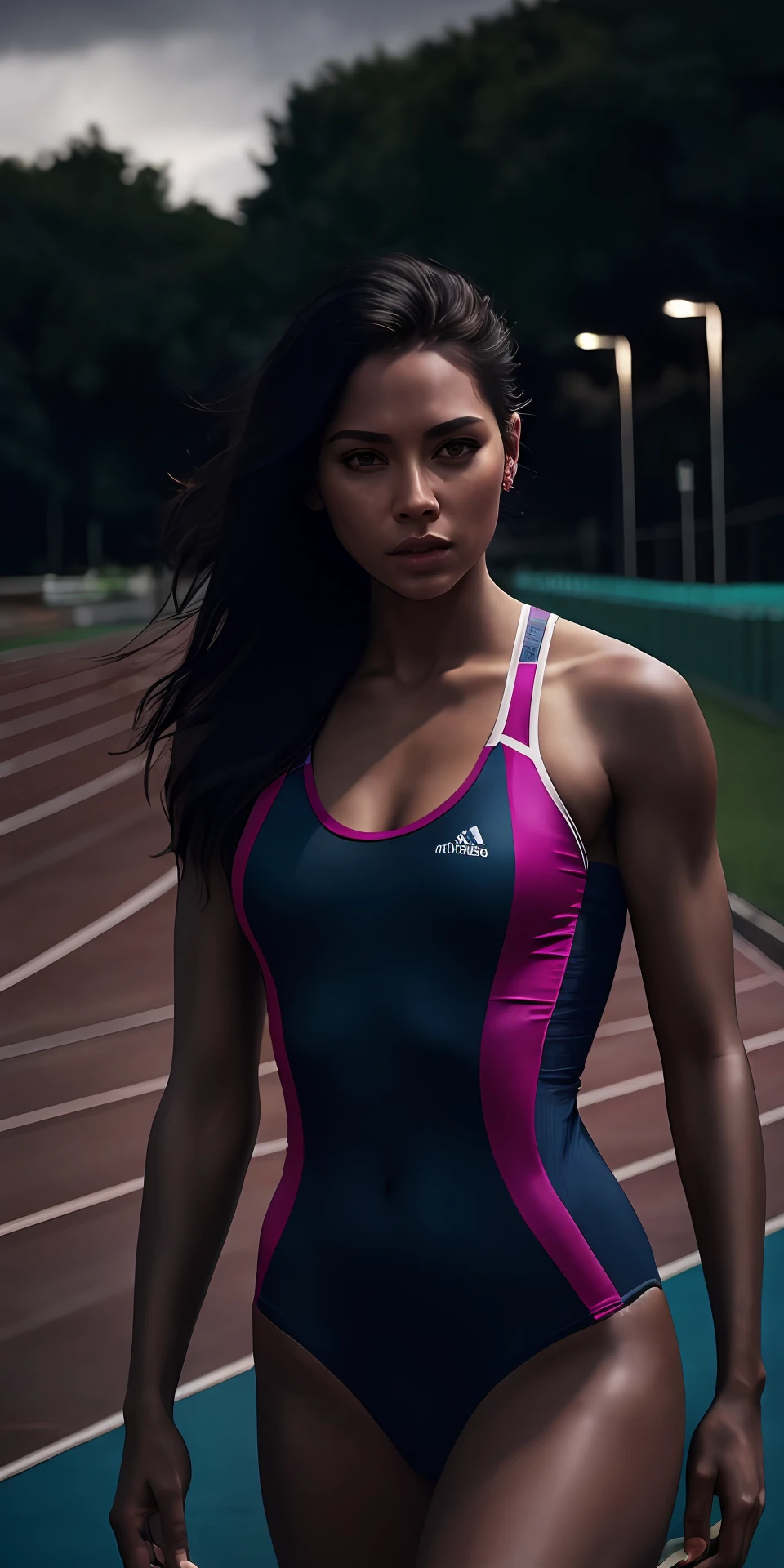 beautiful mature college girl, in sexy track outfit, outside on track field, ((hourglass body,)), photorealistic, photo, masterpiece, realistic, realism, photorealism, high contrast, photorealistic digital art trending on Artstation 8k HD high definition detailed realistic, detailed, skin texture, hyper detailed, realistic skin texture, armature, best quality, ultra high res, (photorealistic:1.4),, high resolution, detailed, raw photo, sharp re, by lee jeffries nikon d850 film stock photograph 4 kodak portra 400 camera f1.6 lens rich colors hyper realistic lifelike texture dramatic lighting unrealengine trending on artstation cinestill 800,