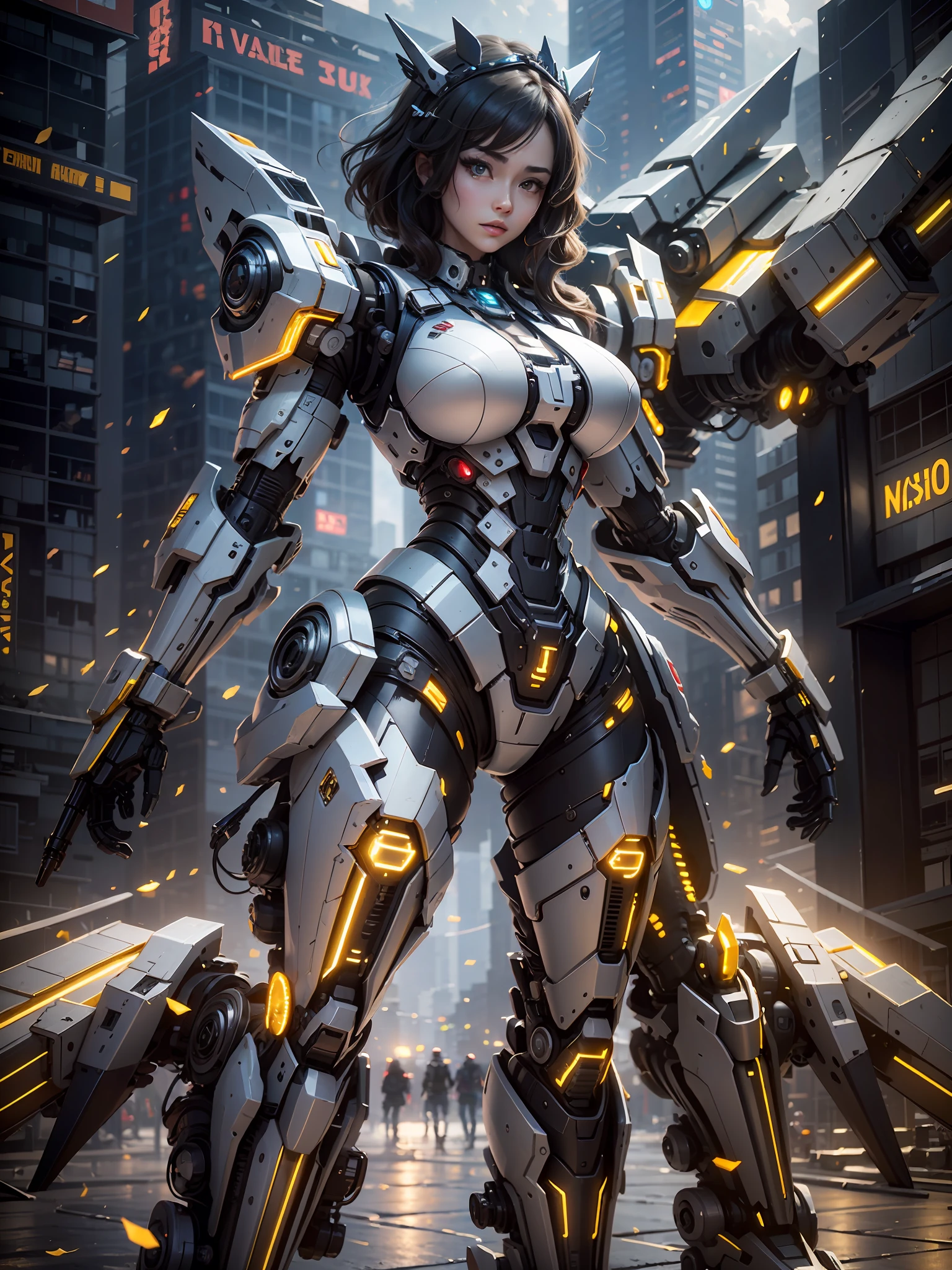 (Best Quality)), ((Masterpiece)), (Very Detailed: 1.3), 3D, Icaru valkirie-mecha, Beautiful cyberpunk woman wearing crown, with master chef style armor, sci-fi technology, HDR (High Dynamic Range), ray tracing, nvidia RTX, super resolution, unreal 5, subsurface scattering, PBR texture, post-processing, anisotropic filtering, depth of field, maximum sharpness and sharpness, multi-layer texture, Specular and albedo mapping, surface shading, accurate simulation of light-material interactions, perfect proportions, octane rendering, duotone lighting, low ISO, white balance, rule of thirds, wide aperture, 8K RAW, high efficiency subpixels, subpixel convolution, light particles, light scattering, Tyndall effect, very sexy, full body, battle pose, black hair with braids,