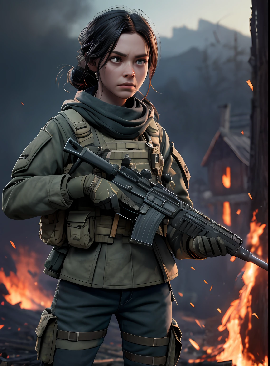 A woman soldier, has the sin of envy, hatred towards others, she's standing to the side looking over her shoulder in disgust, anger, blood, dirt, fire, smoke, log cabin in the background, zombies(8k, RAW photo, best quality, masterpiece:1.2), ultra detailed, official art, photo-realistic:1.37, film grain, octane render, high quality render,