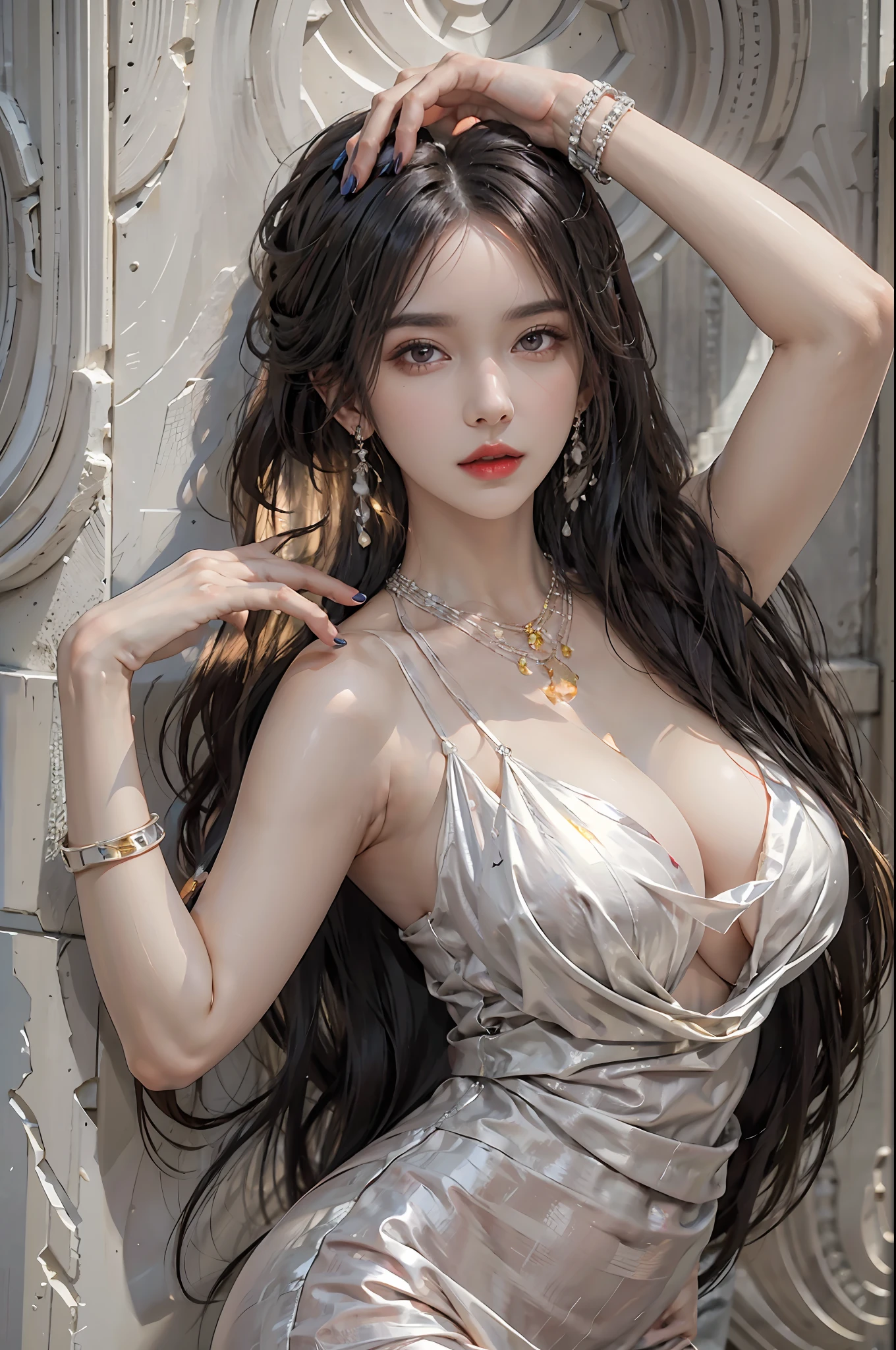photorealistic, high resolution, 1 woman, solo, hips up, beautiful eyes, black hair, long hair, huge breast, bracelets,elegant necklace, elegant diamond earrings, stlouis, red dress, revealing clothes