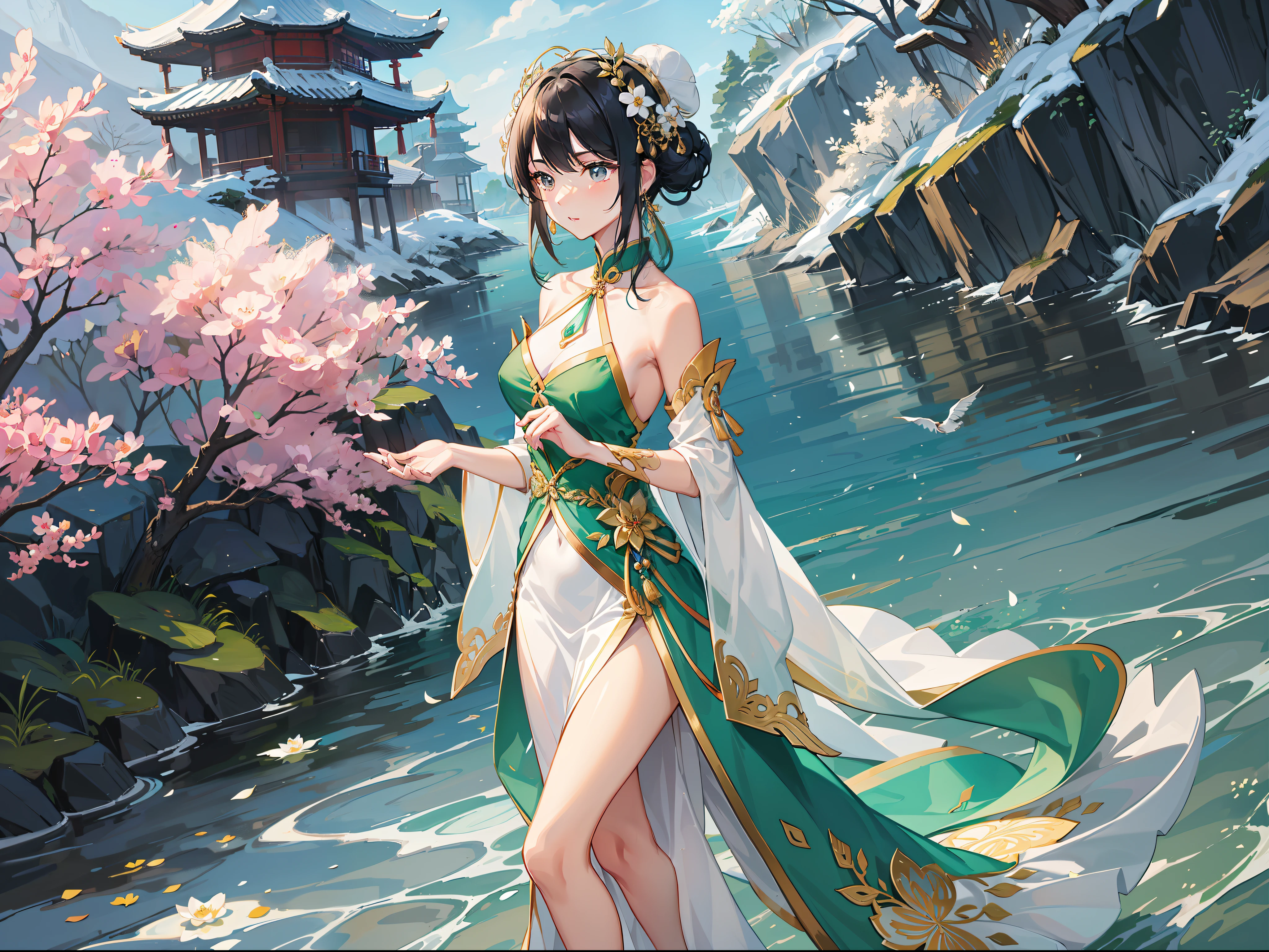 Her figure，A flying wild goose，A gentle swimming dragon。Radiant like a chrysanthemum in autumn，The body is as lush as a green pine in the spring breeze。She faintly appeared like a light cloud and a moon，The floating drift is like a whirlwind and snow。Far away，Bright as the rising sun in the morning sun；Look closer，Fresh as a new lotus blooming between green waves。She is in moderate shape，High and short fit，The shoulders are as narrow as a cut，The waist is as thin as a bundle，The beautiful neck reveals fair skin。Neither grease，Nor powder，The bun is as high as a cloud，Long eyebrows curved and slender，Red lips are fresh，White teeth，A pair of shining eyes that are good at looking forward，Sweet dimples under two cheeks。Her posture is elegant and charming，Gentle and gentle manners，The mood is soft and smooth，The language is decent。Roselle costumes are gorgeous，The physique of the wind bone is the same as depicted in the figure。She is dressed in a bright robe，With exquisite peiyu。Wear gold and silver jadeite jewelry，Embellished with shiny pearls。She wears long-distance shoes decorated with patterns，Dragging a misty skirt，Faintly exudes the fragrance of orchids，Take a walk on the side of the mountain。Suddenly, It's fluttering again，Do and play，On the left leaned against Cai Xuan，The right side is obscured by the laurel flag，Extend your hand on the river beach，Pick black sesame grass along the water's edge。