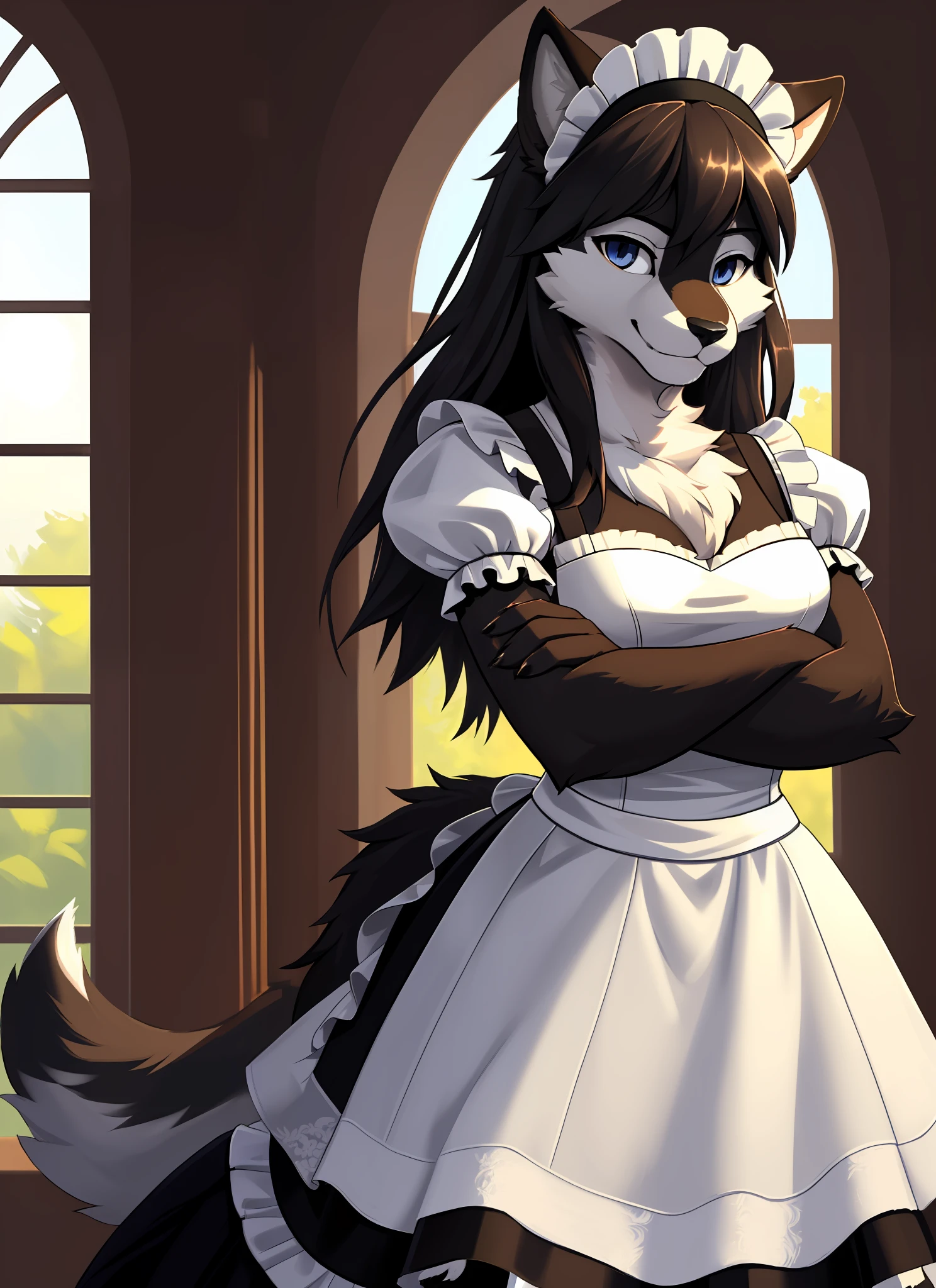 (furry art, uploaded on e621:1.4), 1girl, (solo_focus), (female) (furry:1.5) anthro, (upper body:1.3), standing and crossed arms, solo focus, detailed face, detailed eyes, detailed fluffy fur, fluffy tail, long hair, digitigrade, seductive pose, maid, digital painting, natural lighting, photorealistic (maid outfit:1.1)