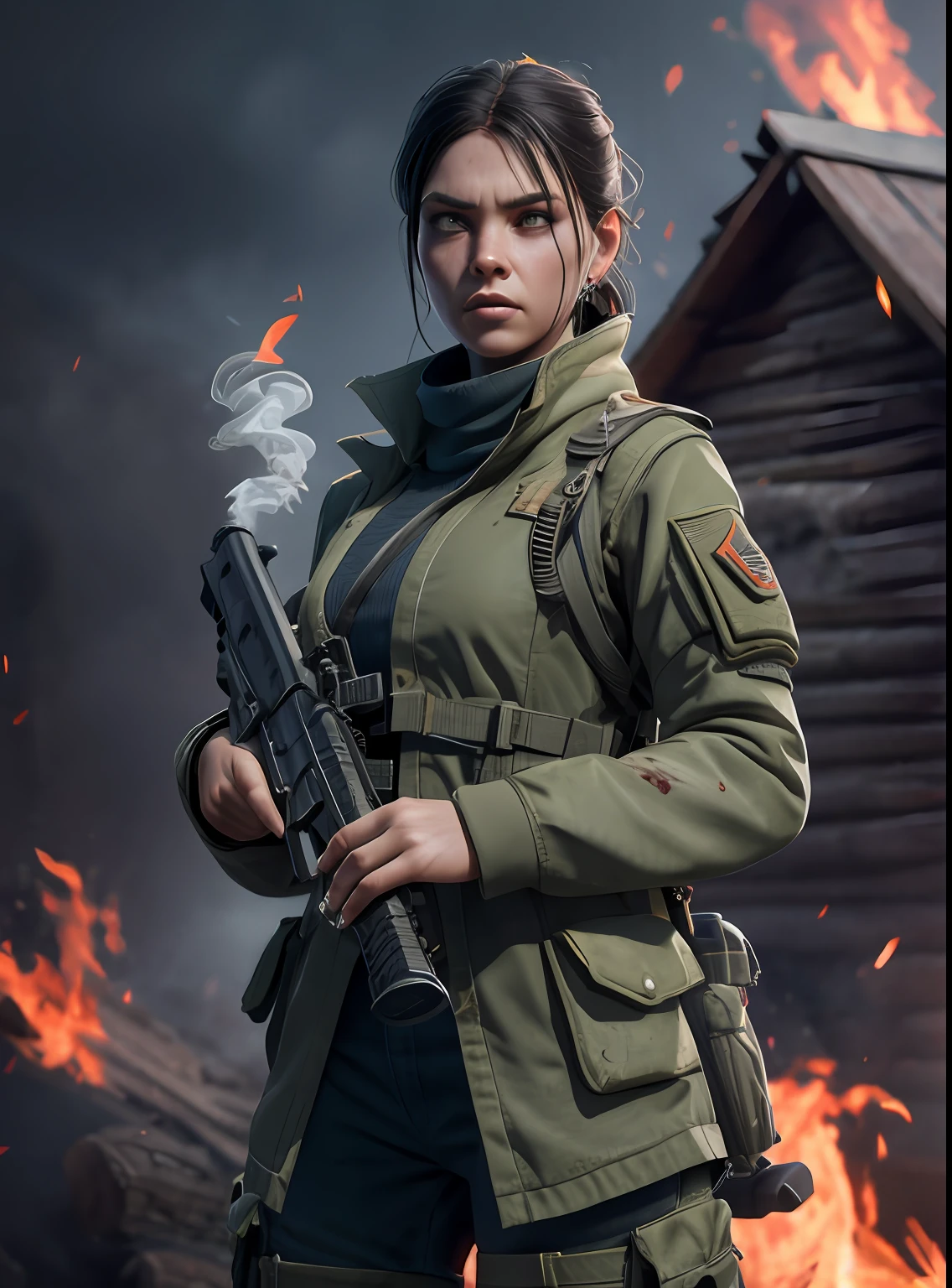 A woman soldier, has the sin of envy, hatred towards others, she's standing to the side looking over her shoulder in disgust, anger, blood, dirt, fire, smoke, log cabin in the background, zombies(8k, RAW photo, best quality, masterpiece:1.2), ultra detailed, official art, photo-realistic:1.37, film grain, octane render, high quality render,