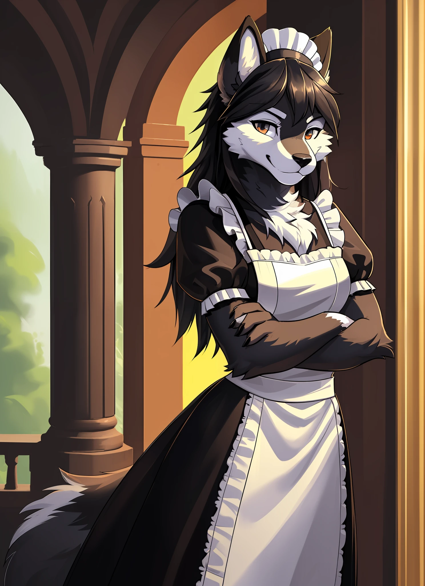 (furry art, uploaded on e621:1.4), 1girl, (solo_focus), (female) (furry:1.5) anthro, (upper body:1.3), standing and crossed arms, solo focus, detailed face, detailed eyes, detailed fluffy fur, fluffy tail, long hair, digitigrade, seductive pose, maid, digital painting, natural lighting, photorealistic (maid outfit:1.1)