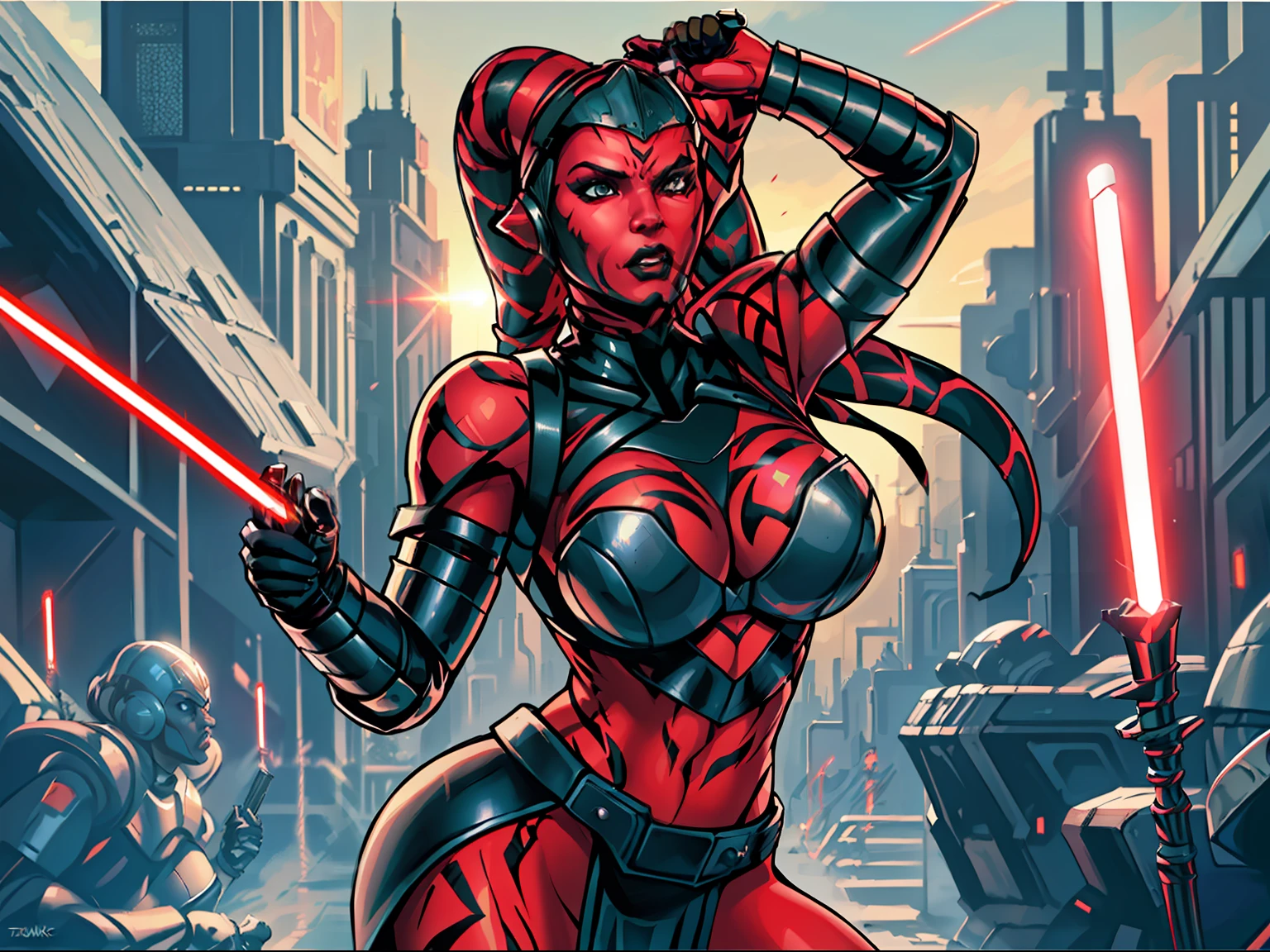Gorgeous big tits Twi'lek gladiatrix woman in an action scene, (((fighting, swordfight, dual red lightsabers))), dynamic action, masterpiece, best quality, high-definition, armor, busty, ((red skin), twi'lek), dual red lightsabers, evil space knight, space ninja, space gladiatrix, (wearing (((black spandex))), black armor, black stealth armor, breastplate, tunic, tabard, cowl, cloak, bodysuit, black spandex, straps, buckles, skirts, long sleeves, ((armor))), ((busty), slender body, thin, slim, Imperial starship, Star Wars, futuristic city, warzone, soldiers in black armor