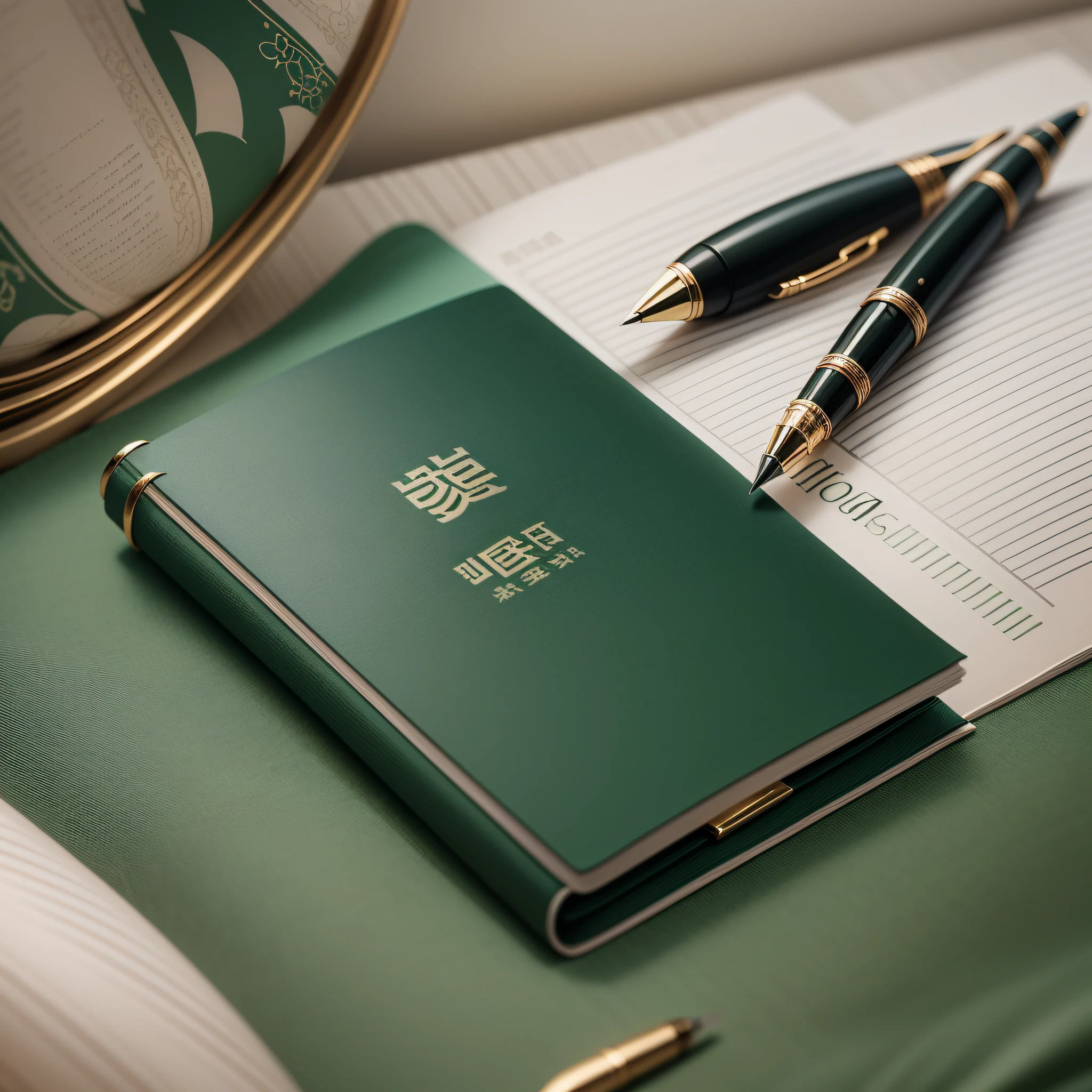 There was a pen and a notebook on the bed，It is covered with green sheets, luxury journal cover, new design, beijing, China, Paper, product introduction photos, Official product image, 5 e, Retro, Hong Kong, thumbnail, an elegant green, miko, promotional, Emerald green, shaxi, notebooks, F 2, F2, pen, promotional, elegant appearance