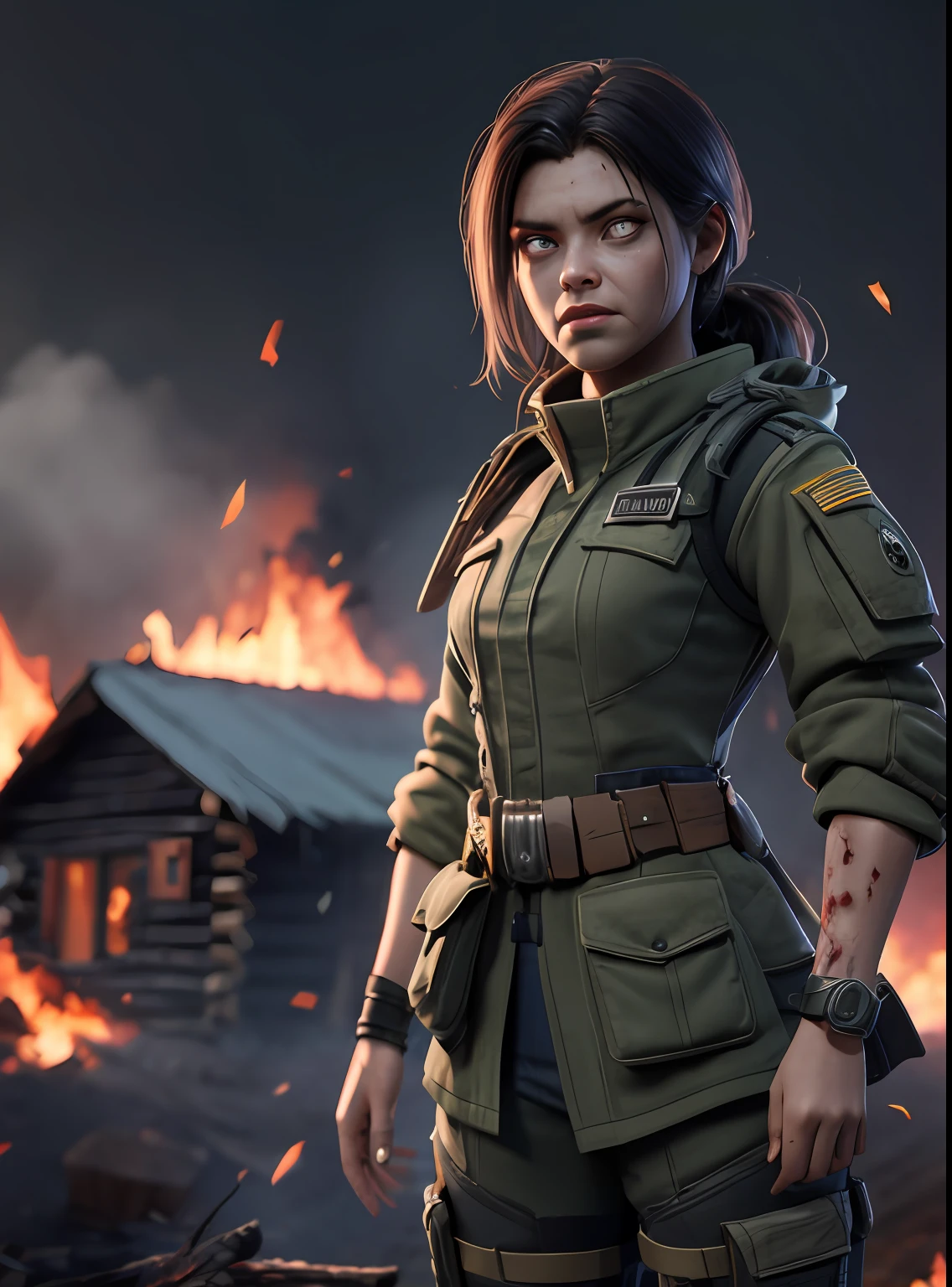 A woman soldier, has the sin of envy, hatred towards others, she's standing to the side looking over her shoulder in disgust, anger, blood, dirt, fire, smoke, log cabin in the background, zombies(8k, RAW photo, best quality, masterpiece:1.2), ultra detailed, official art, photo-realistic:1.37, film grain, octane render, high quality render,