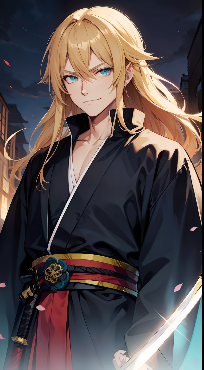 Tall guy, longue blonde hair, Cyan eyes, samurai clothing, katana, smirk, Masterpiece, hiquality