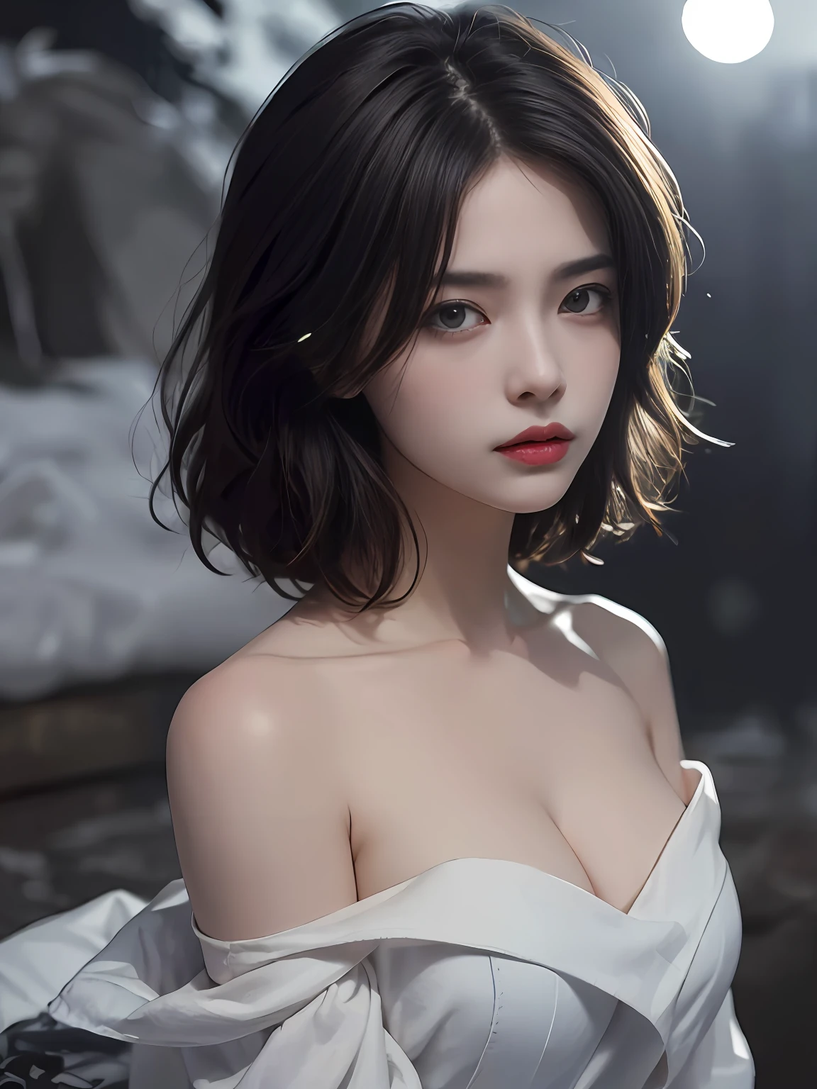 best qualtiy, tmasterpiece, 超高分辨率, (realisticlying:1.5), RAW photogr, 1girll, bshoulders, in the darkness nigth, deep shading, low tune, cold light, Sexy look, short detailed hair,Bare shoulders,cleavage