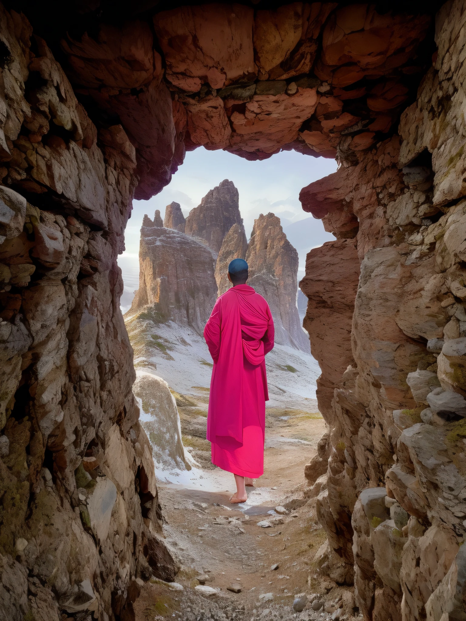 Araffe in a blue robe walking through a rocky area, Fully dressed in red robes, Looking through a portal, monje budista, De pie en una gruta, Monk Robe, Wear red robes, Foto ganadora del concurso Unsplash, monje, Retrato de monje, Mirando hacia una cueva misteriosa, En los Dolomitas, World seen only through a portal, Foto en color ganadora del premio