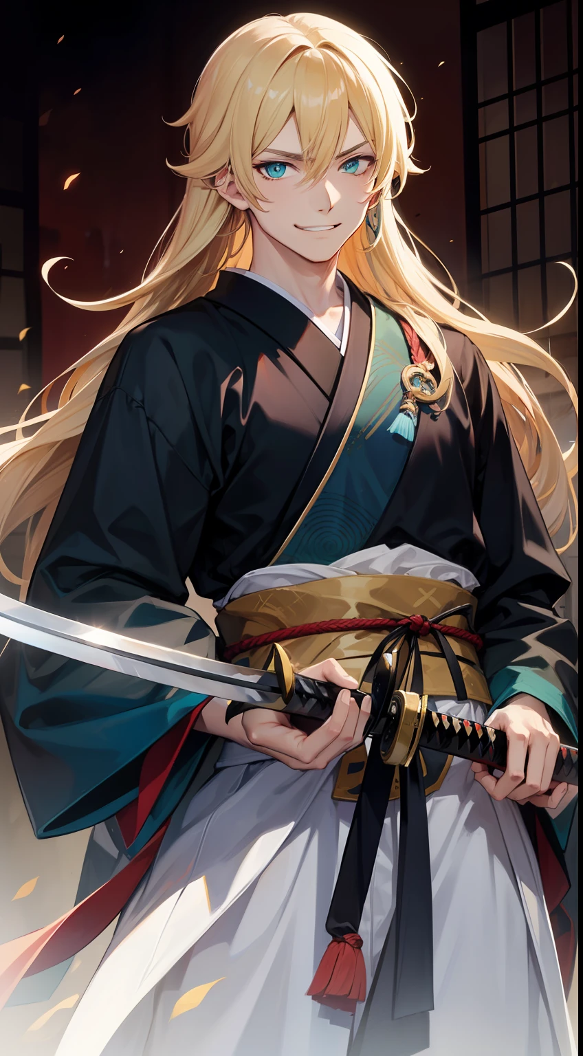 Tall guy, longue blonde hair, Cyan eyes, samurai clothing, katana, smirk, Masterpiece, hiquality
