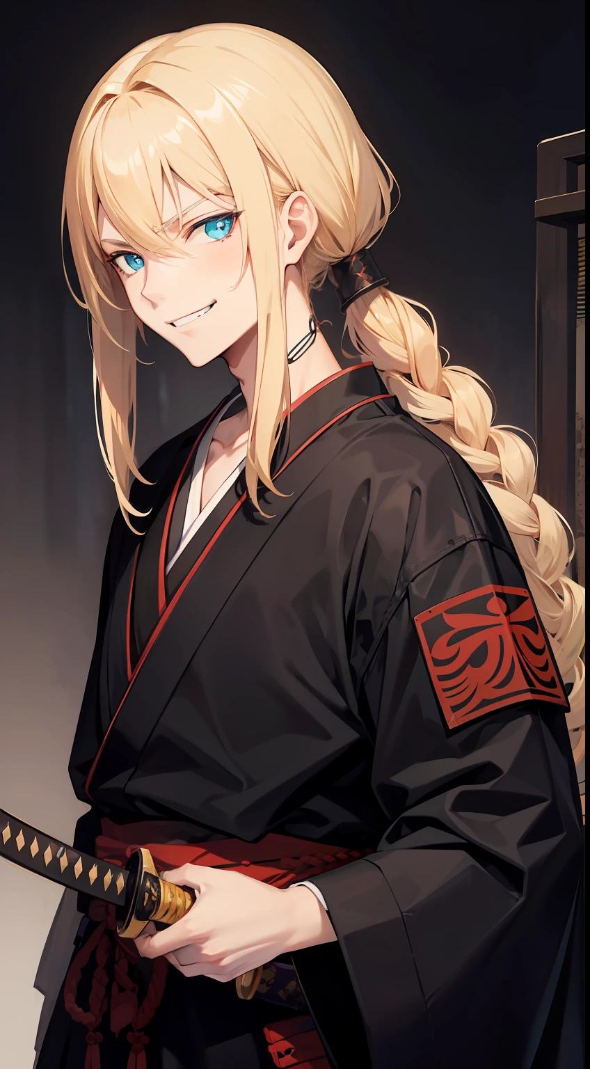Tall guy, longue blonde hair, Cyan eyes, samurai clothing, katana, smirk, Masterpiece, hiquality