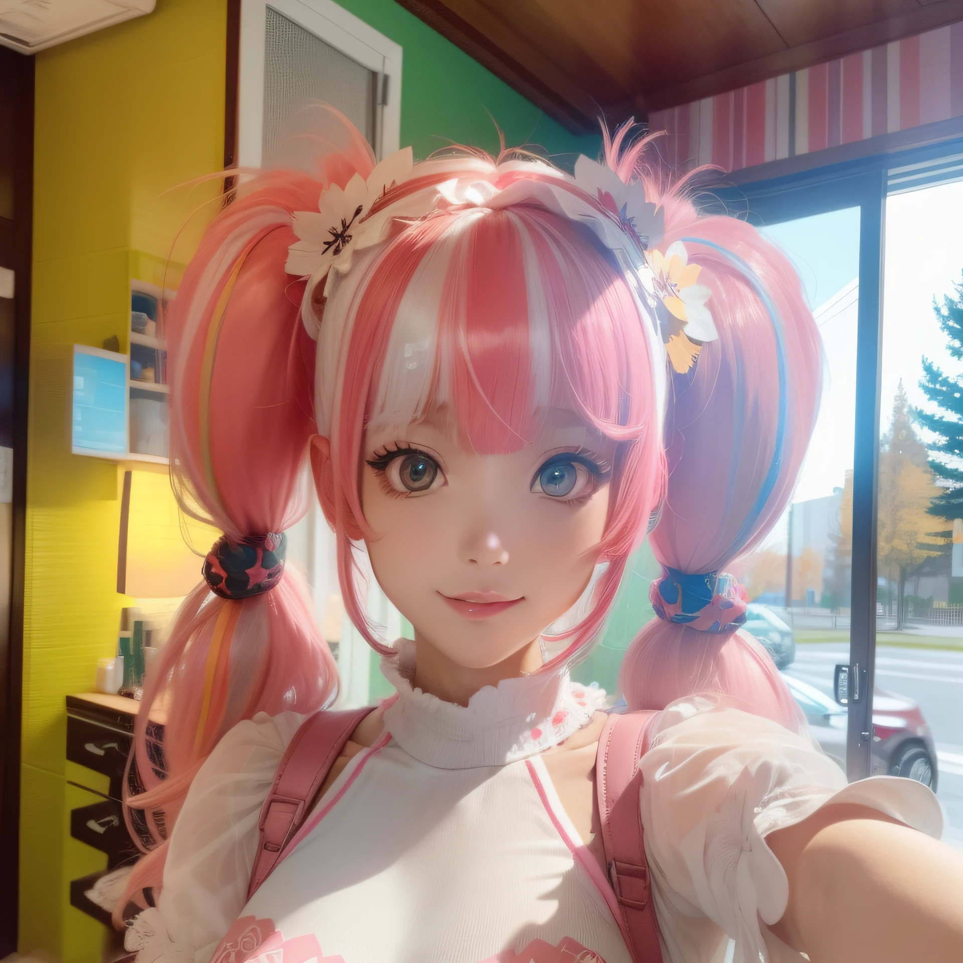 bangs, blunt bangs, pink hair, twintails, snowflake hair ornament, color contact lenses, backlighting, character chart, masterpiece