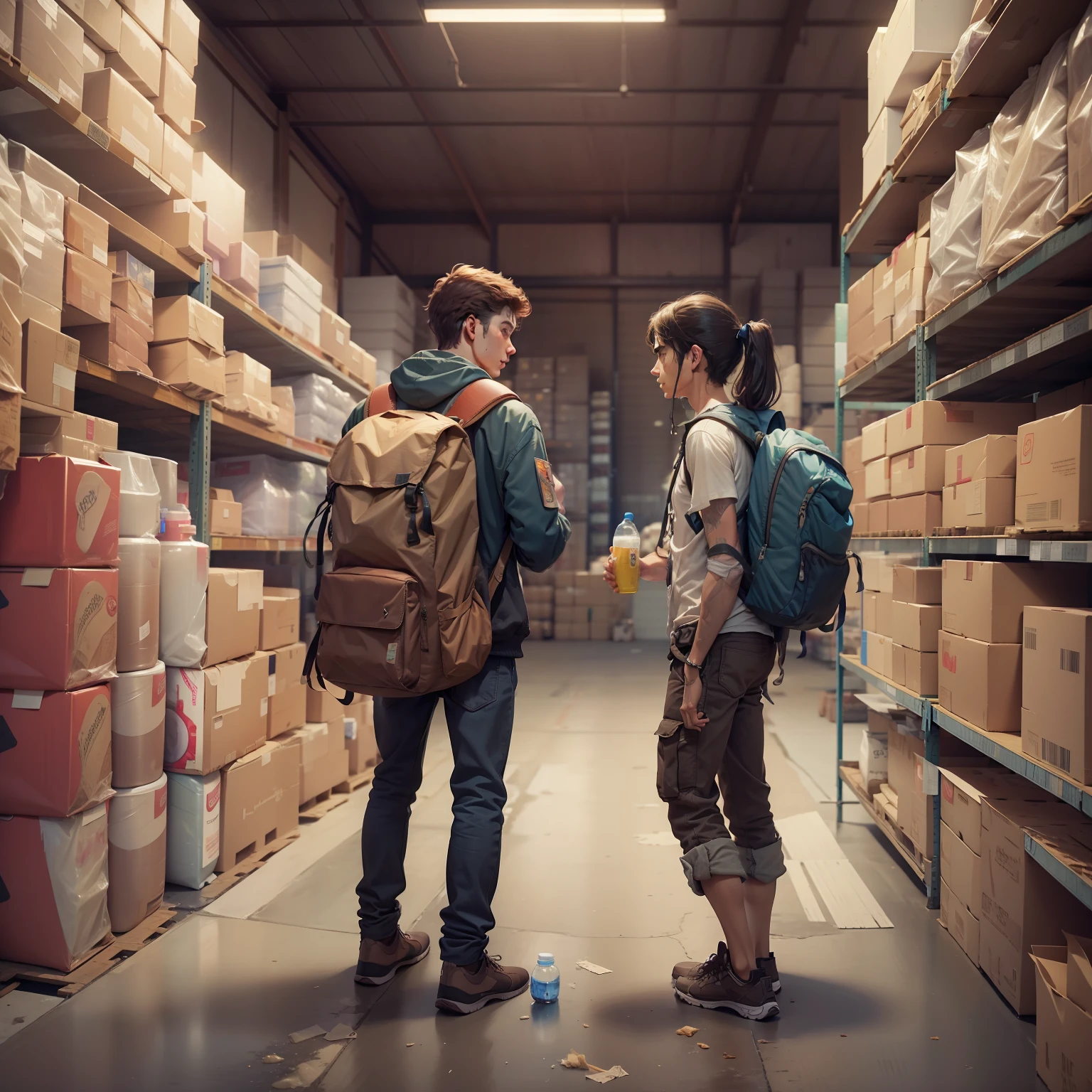 /imagine prompt: A young man takes out food and water from his backpack and shares them with a young woman. The surroundings are a quiet and clean warehouse, with some water and food placed in the corner,