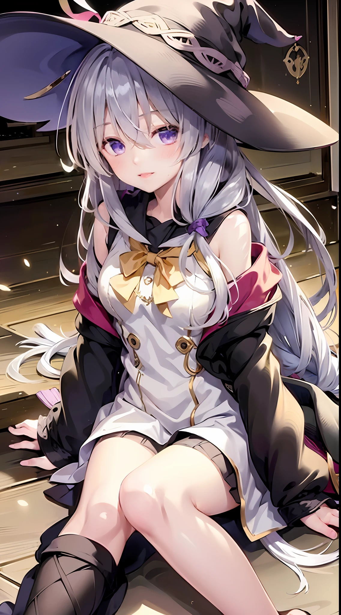 1girl, masterpiece,Elaina, Elaina from Majo no tabi tabi,(school uniform:1.2),yellow ribbon,sitting,blue eyes,purple eyes,long hair,light smile,large breasts,best quality