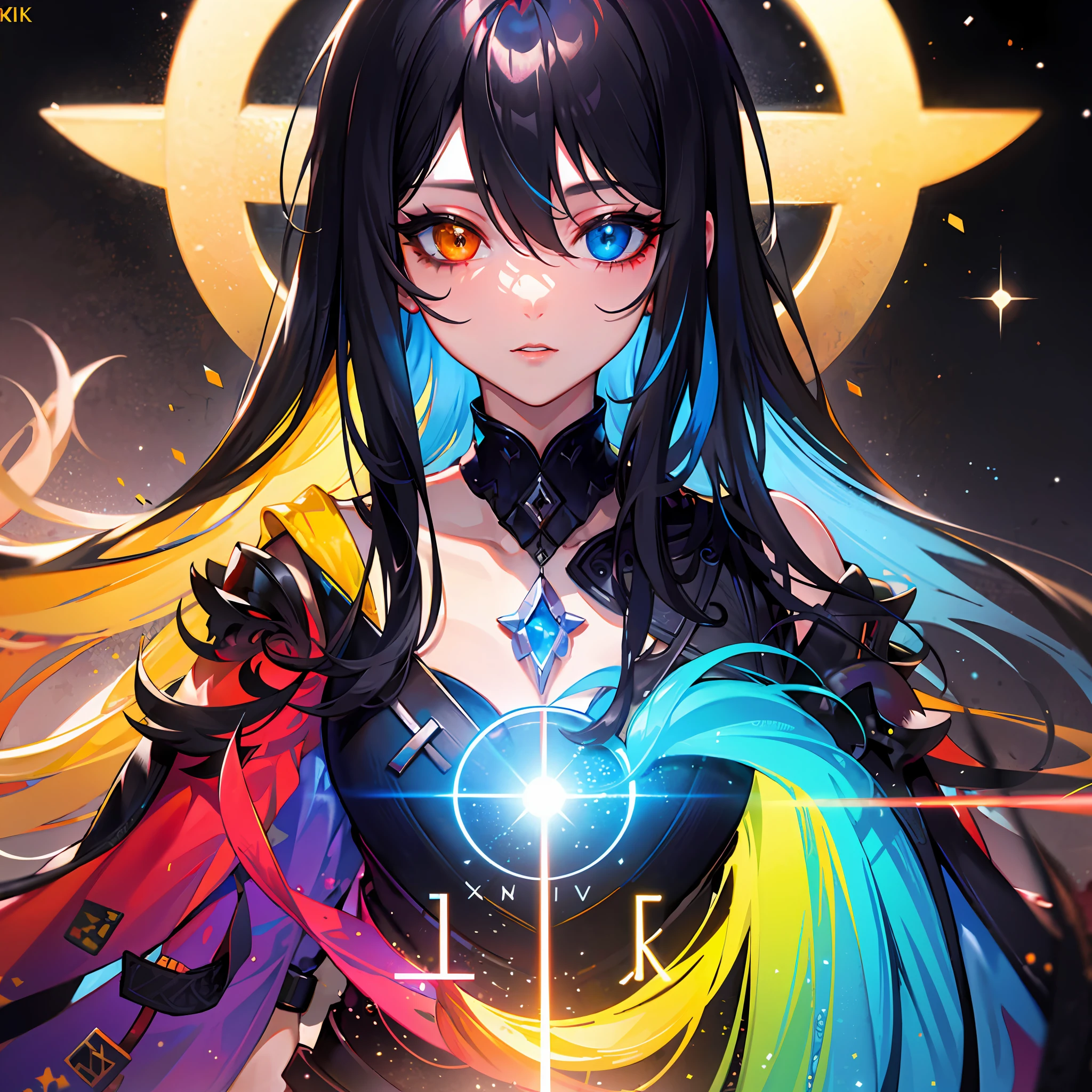 {{masterpiece}}, best quality, extremely detailed CG unity 8k wallpaper, cinematic lighting, lens flare, beautiful detail eyes, black, side glance, multicolor hair, colorful light, particles, heterochromia, (colorful:1.5), (colorful hair:1.5),
