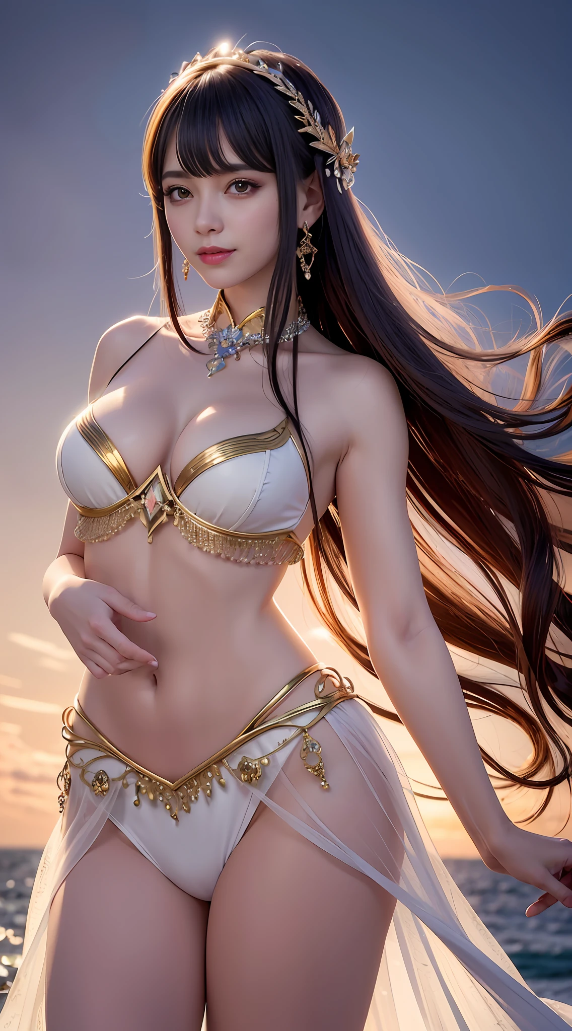 close up on face, femele, Stand up,Multiple poses, long whitr hair, ellegance, opulent, ellegance, adolable,ssmile,cheerfulness,the ocean,the setting sun, Eau, dances,Sense of brokenness, ruri, Buble, Hairline, slanted bangs, shairband, hair adornments,glitters, cinmatic lighting, hyper HD, A high resolution, best qualtiy, 8K, high detal, high qulity, super detailing, anatomy correct, tmasterpiece, ccurate,dream magical
