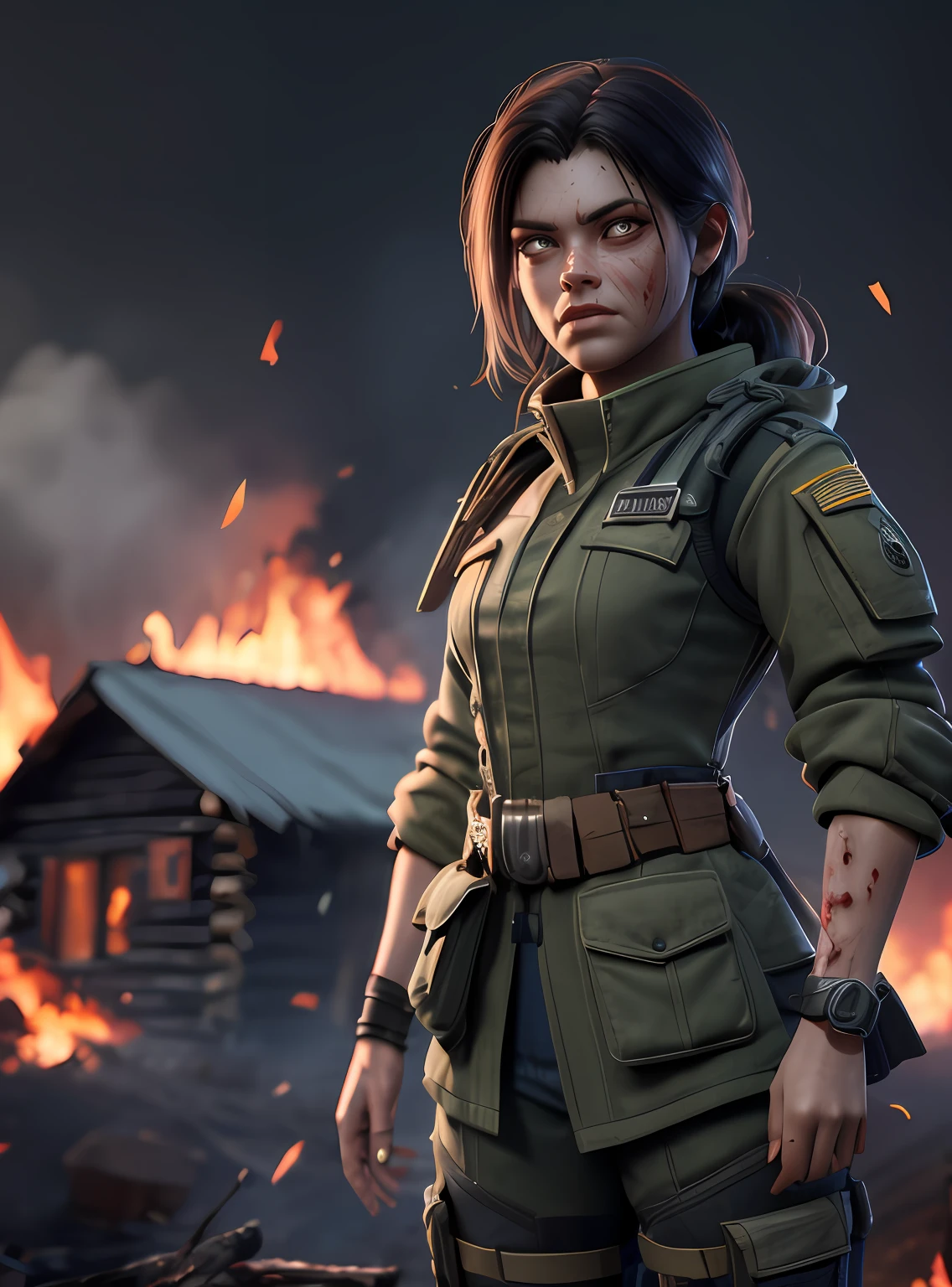 A woman soldier, has the sin of envy, hatred towards others, she's standing to the side looking over her shoulder in disgust, anger, blood, dirt, fire, smoke, log cabin in the background, zombies(8k, RAW photo, best quality, masterpiece:1.2), ultra detailed, official art, photo-realistic:1.37, film grain, octane render, high quality render,