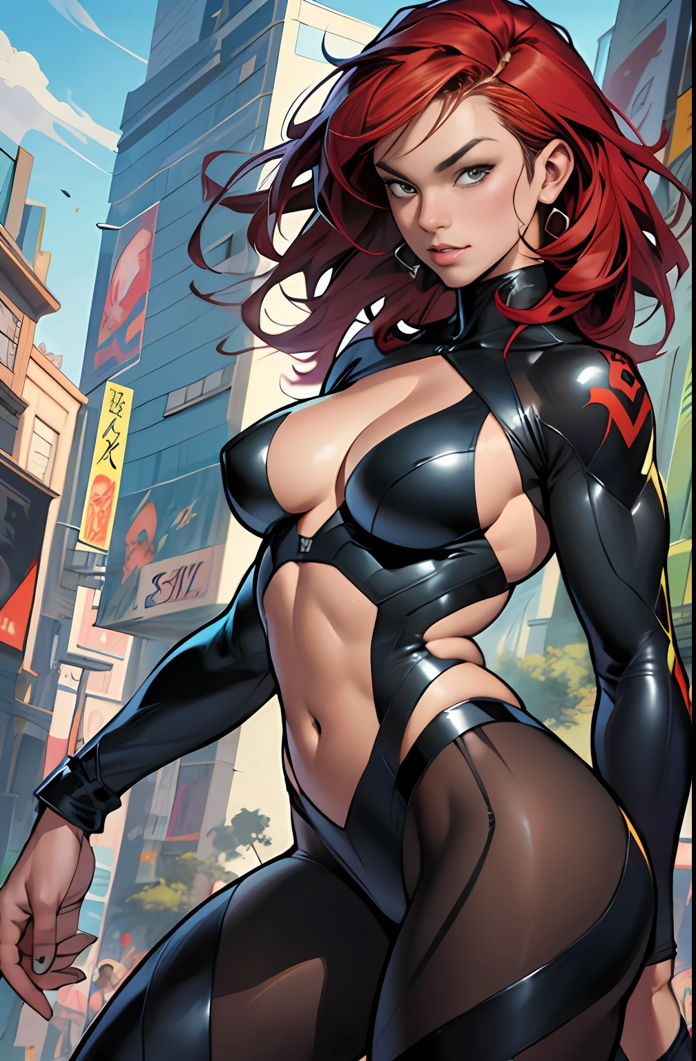 mulher negra, lacuna na coxa, Beautiful, corpo magro, cores vibrantes, Olhando para o Viewer, corpo inteiro, pernas separadas,, red hair, see through, sbikini, Arte por Stanley Artgerm Lau, Arte por Genzoman, Arte de Joe Madureira, Arte por BlushySpicy, Art by Stjepan Sejić, Arte por J Scott Campbell, Art by Guillem March, Arte de Citemer Liu, Arte por Kenneth Rocafort, Arte por Frank Cho, 4k, high resolution, comic book, personagem de quadrinhos, comic, alta qualidade, fundo simples, caixas de hq
