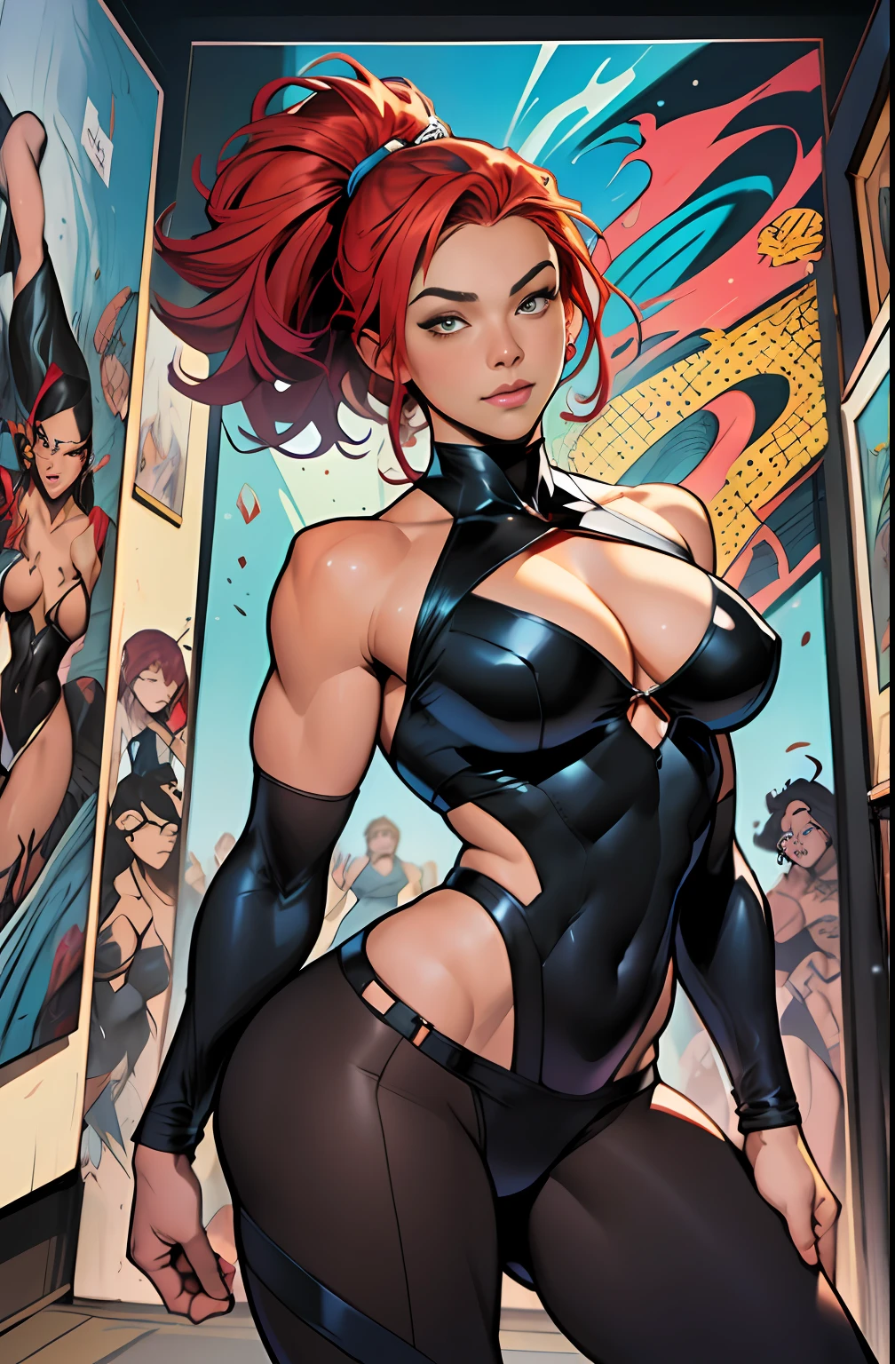mulher negra, lacuna na coxa, Beautiful, corpo magro, cores vibrantes, Olhando para o Viewer, corpo inteiro, pernas separadas,, red hair, see through, sbikini, Arte por Stanley Artgerm Lau, Arte por Genzoman, Arte de Joe Madureira, Arte por BlushySpicy, Art by Stjepan Sejić, Arte por J Scott Campbell, Art by Guillem March, Arte de Citemer Liu, Arte por Kenneth Rocafort, Arte por Frank Cho, 4k, high resolution, comic book, personagem de quadrinhos, comic, alta qualidade, fundo simples, caixas de hq
