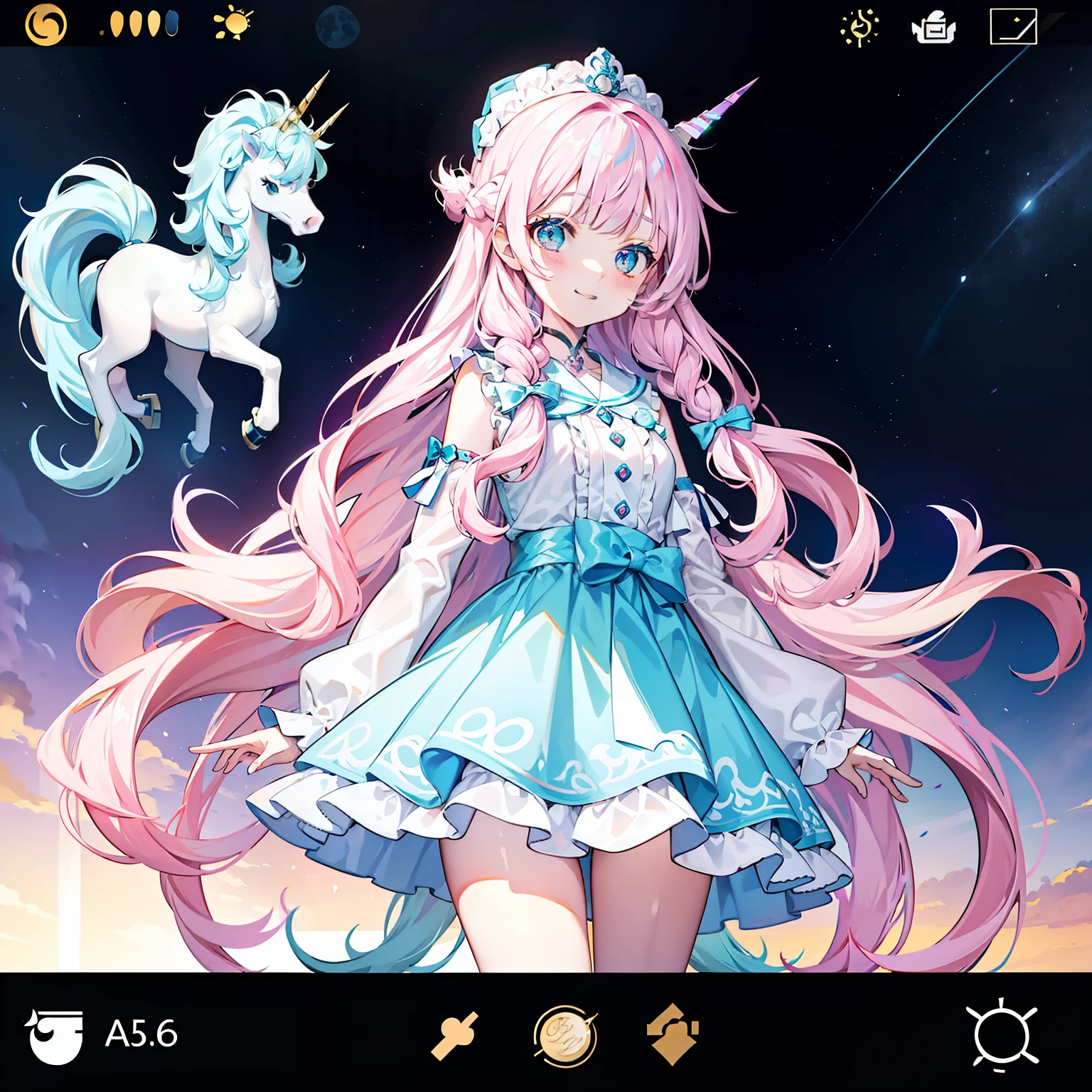 one-girl,long whitr hair,Two twisted braids,Unicorn core style, Rococo pastels, oshare kei, Cute girl, character design,16 yaers old,ssmile,Delicate big eyes,There are unicorn horns on the top of the head,Light pink and blue, Screenshot Saturday - AR 3:4 --s 750 --niji5