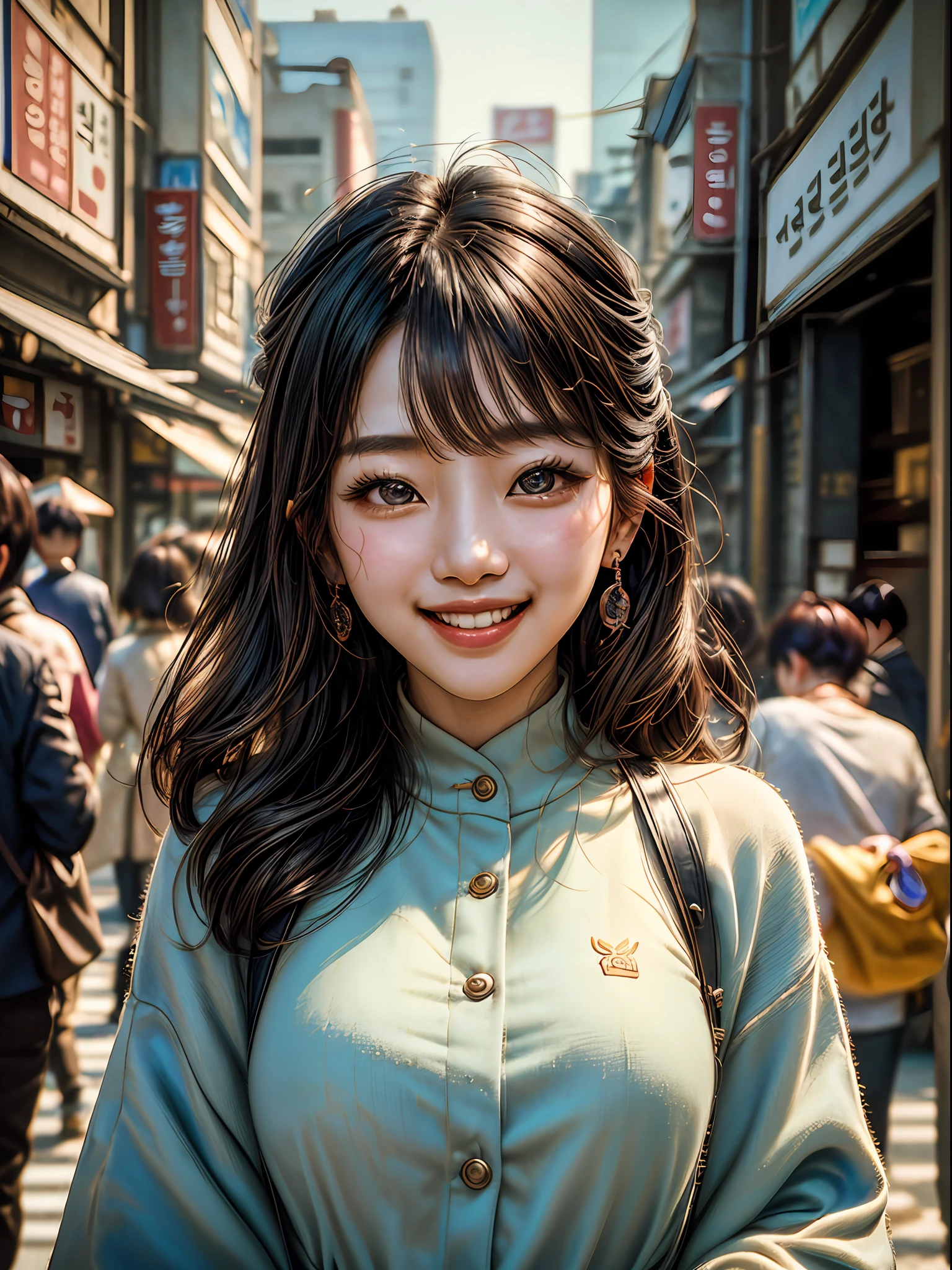 (masterpiece, high resolution:1.4), (portrait of a South Korean woman in Seoul:1.3), (capturing her radiant smile and joyful expression:1.3), (her clear and bright eyes exuding warmth and charm:1.3), (Canon EOS R6 camera, perfect for capturing stunning portraits:1.4), (paired with the Canon RF 50mm f/1.8 STM lens:1.4), (her face perfectly symmetrical and beautifully illuminated:1.3), (a representation of South Korean beauty and elegance:1.1), (standing confidently on the vibrant streets of Seoul:1.1), (the bustling cityscape adding a dynamic backdrop to the photo:1.1), (her casual attire reflecting her modern and trendy style:1.3), (the joyous atmosphere of Seoul palpable in her smile:1.1), (a moment of genuine happiness and authenticity frozen in time:1.1), (a captivating blend of urban life and human connection:1.1), (the woman's radiant spirit shining through her smile:1.1), (her smile brightening up the surroundings and captivating viewers:1.1), (a portrait that celebrates the spirit of Seoul and its people:1.1), (the woman's beauty emanating from within:1.1), (a seamless blend of casual elegance and modernity:1.1), (the streets of Seoul reflecting the city's vibrant culture and energy:1.1), (an image that captures the essence of South Korean hospitality and warmth:1.1), (a delightful portrayal of a woman enjoying life's simple pleasures:1.1), (her smile radiating positivity and charm:1.1), (an authentic representation of the beauty and spirit of South Korea:1.1), (the 50mm lens capturing every detail of her captivating smile:1.2), (a photo that encapsulates the spirit of Seoul's bustling streets and its people:1.1), (a heartwarming portrait that resonates with viewers worldwide:1.1)