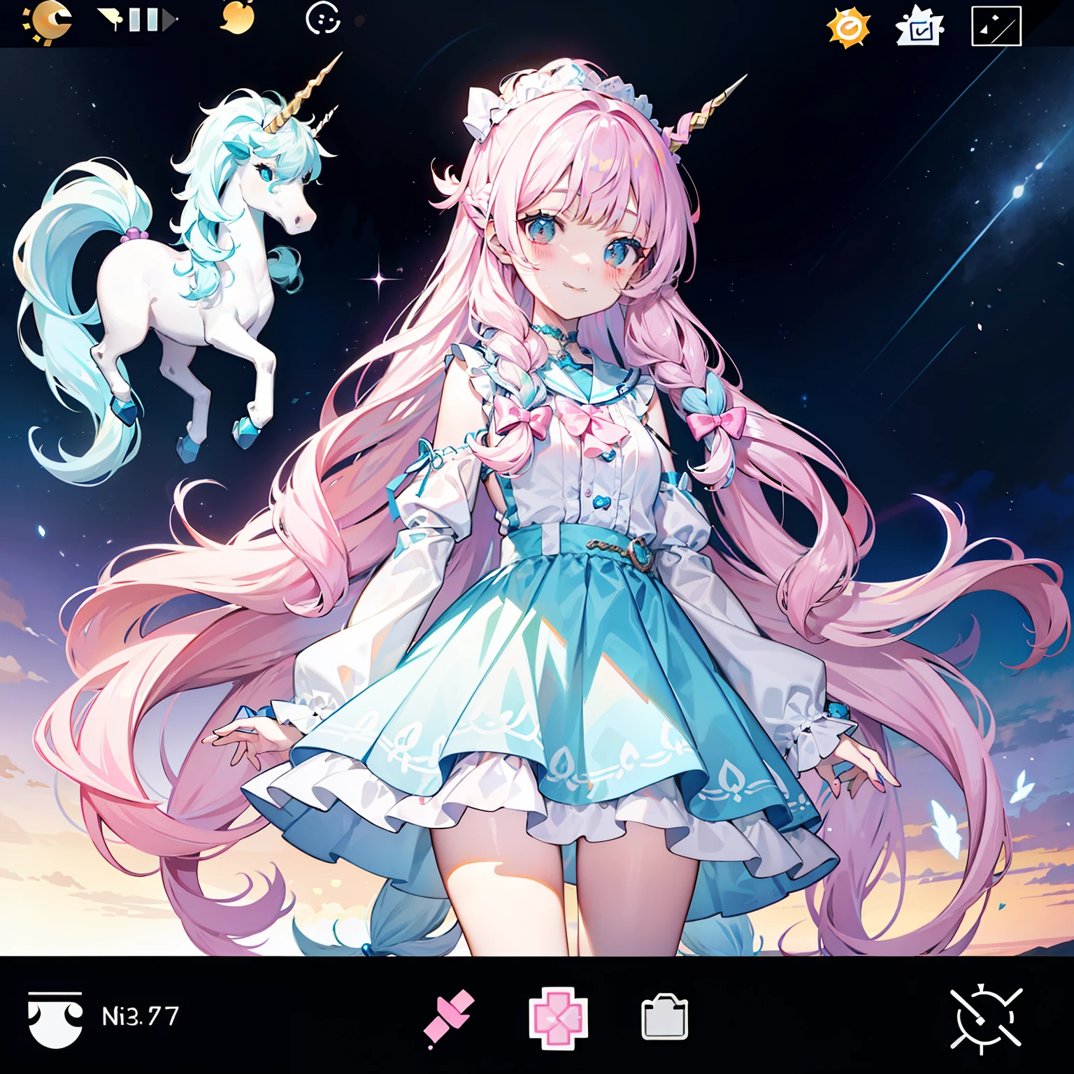 one-girl，long whitr hair，Two twisted braids，Unicorn core style, Rococo pastels, oshare kei, Cute girl, character  design，16 yaers old，ssmile，Delicate big eyes，There are unicorn horns on the top of the head，Light pink and blue, Screenshot Saturday - AR 3:4 --s 750 --niji5