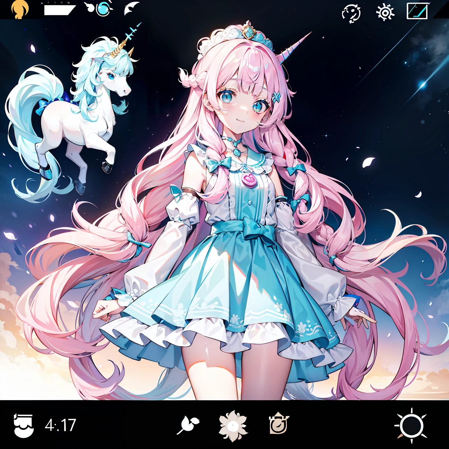 one-girl，long whitr hair，Two twisted braids，Unicorn core style, Rococo pastels, oshare kei, Cute girl, character  design，，ssmile，Delicate big eyes，There are unicorn horns on the top of the head，Light pink and blue, Screenshot Saturday - AR 3:4 --s 750 --niji5